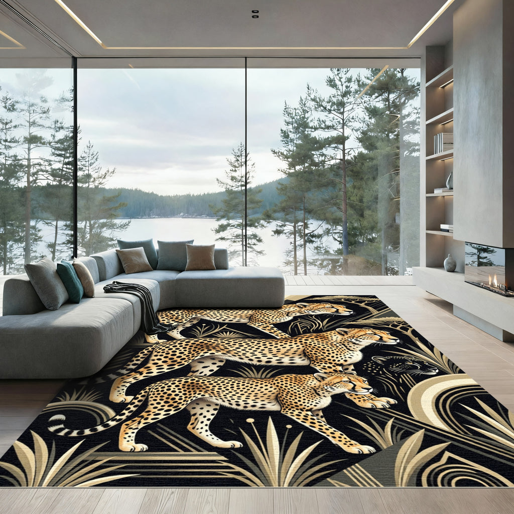 Safari Cheetahs Black Gold Contemporary Art Rug