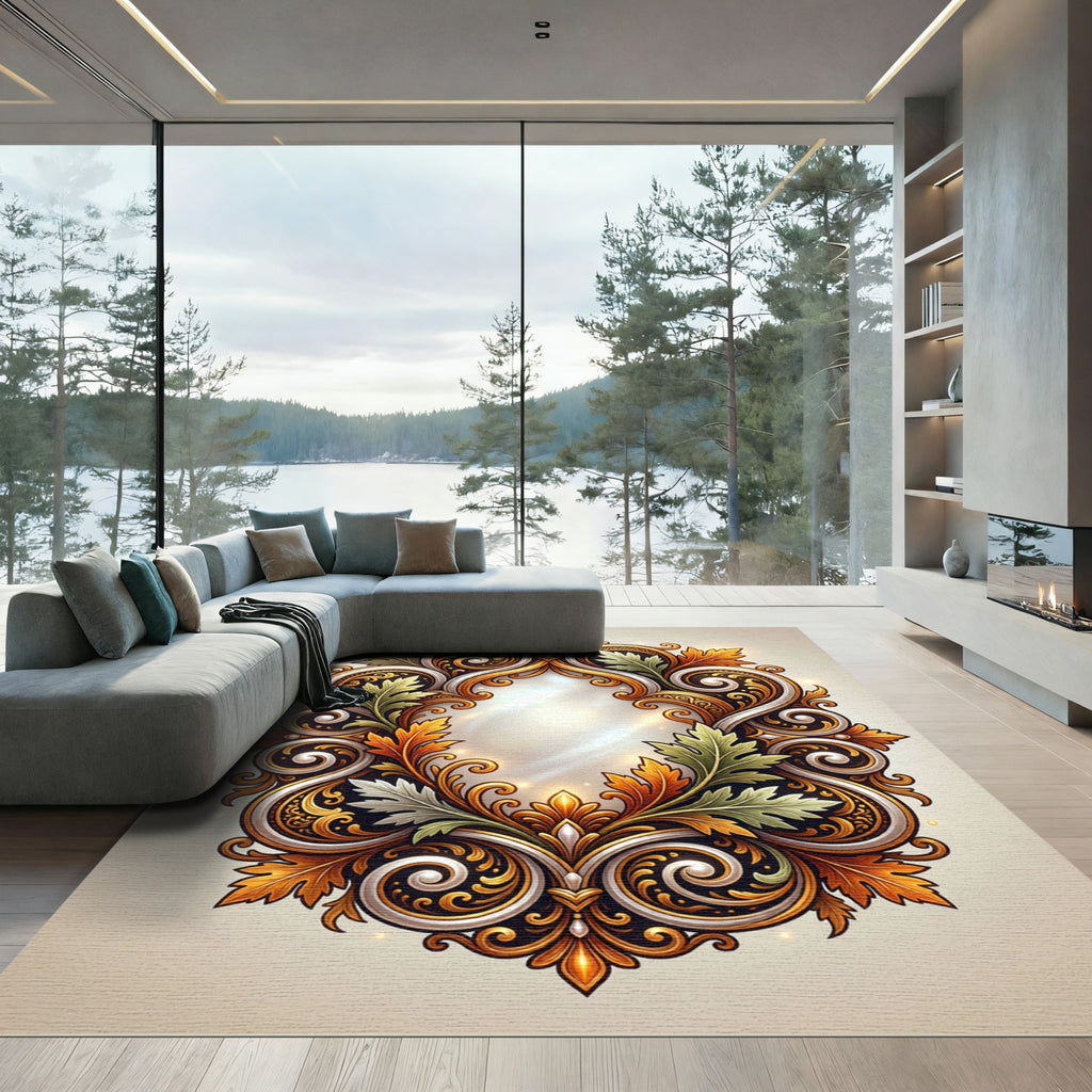 Ornate Gold and Black Acanthus Leaf Garland Rug