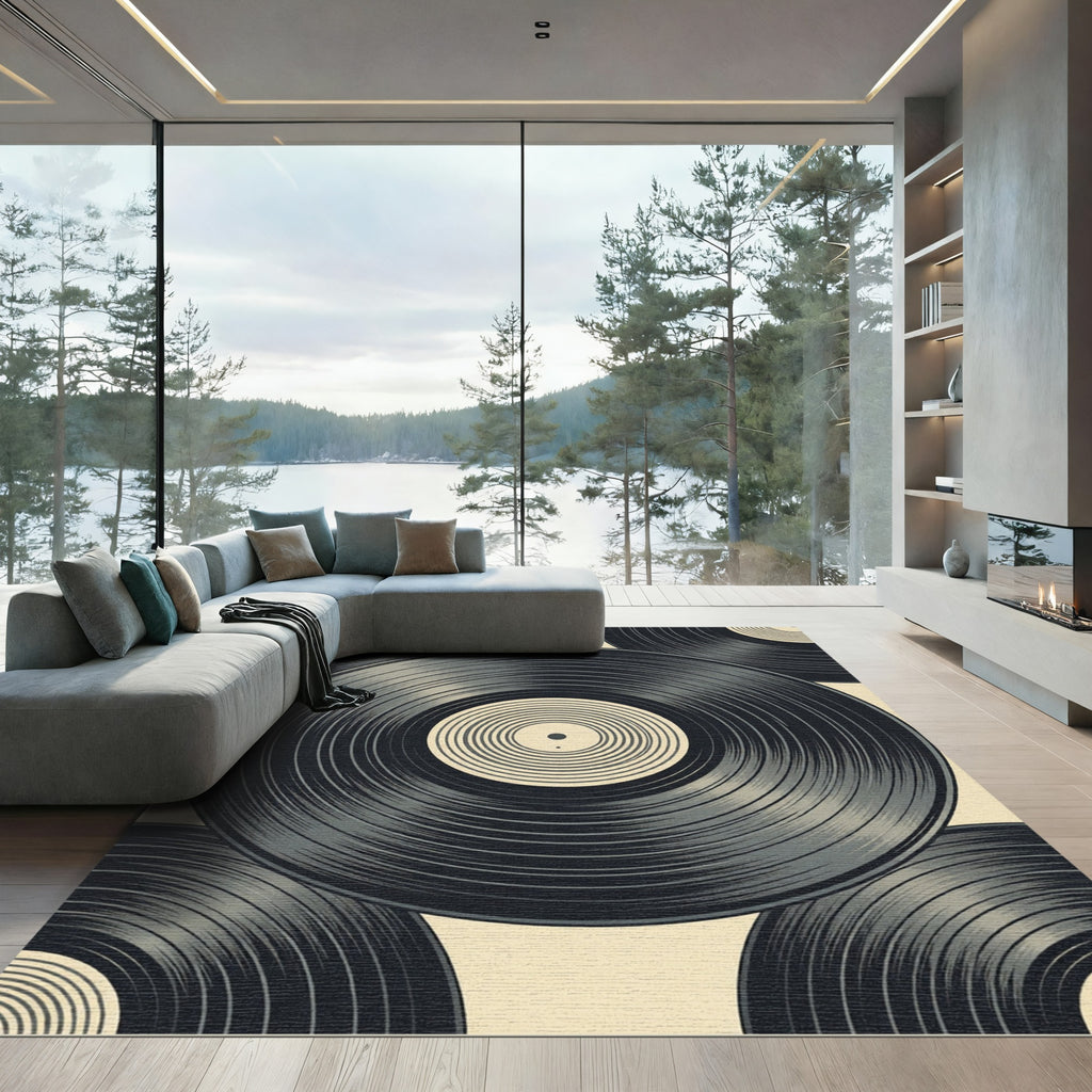 Monochrome Minimalist Vinyl Record Art Rug