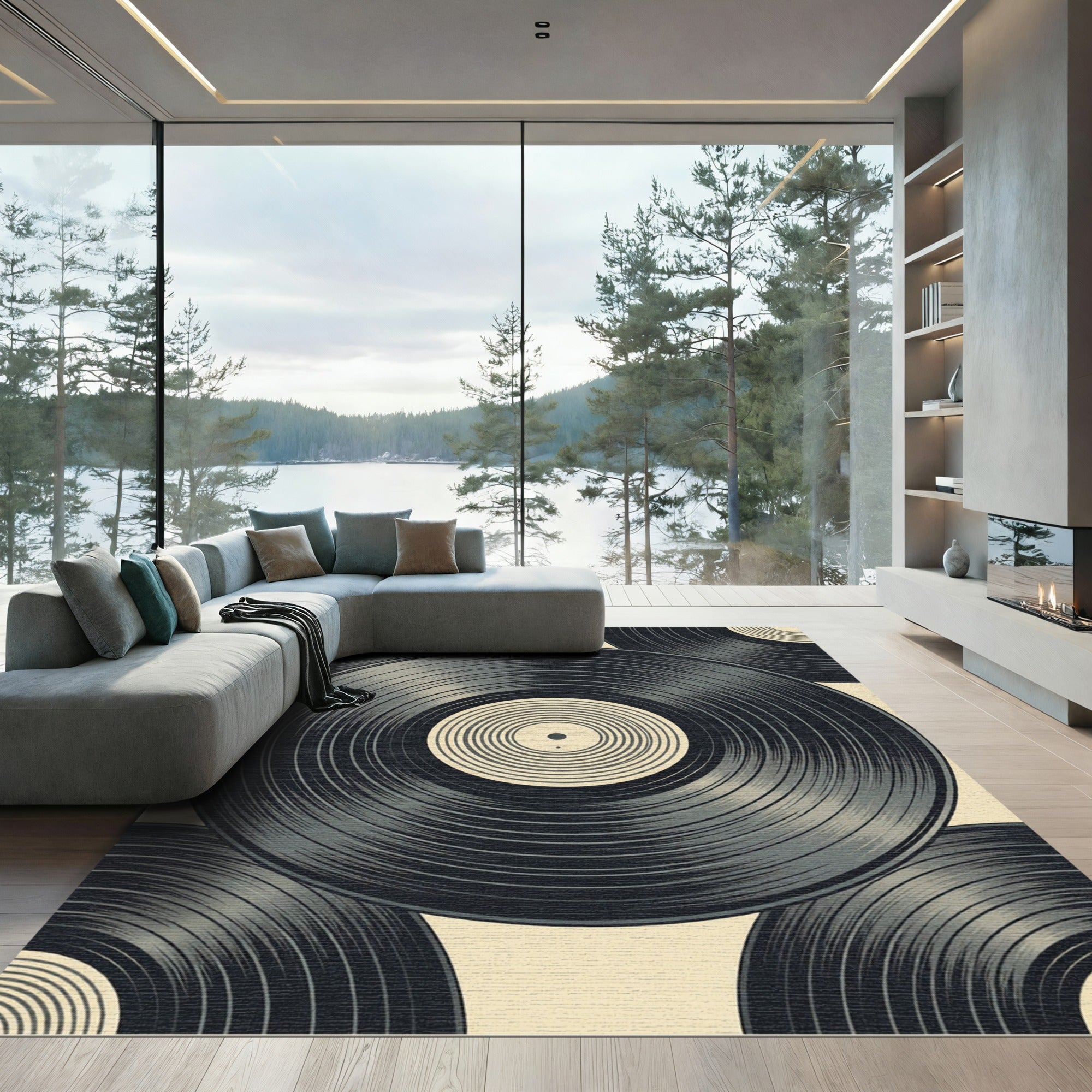 Monochrome Minimalist Vinyl Record Art Rug