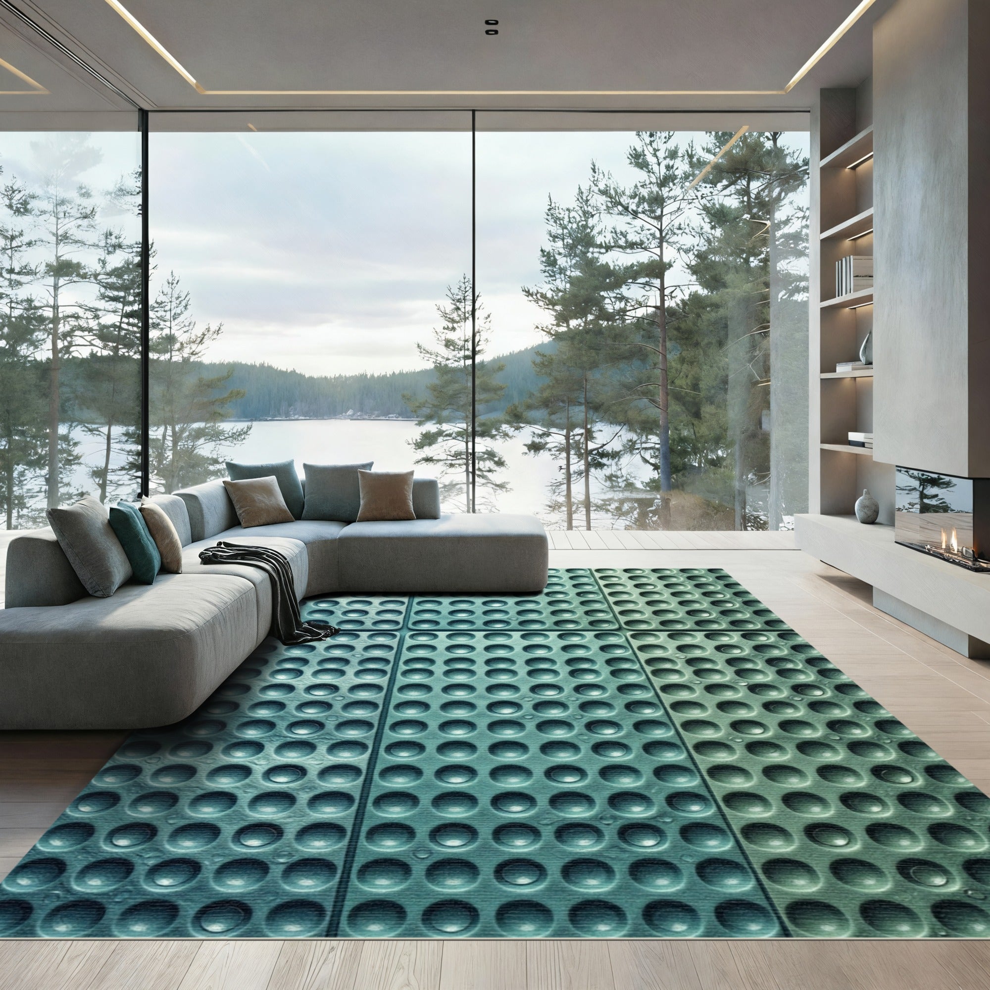 Modern Teal Circular Grid Texture Rug