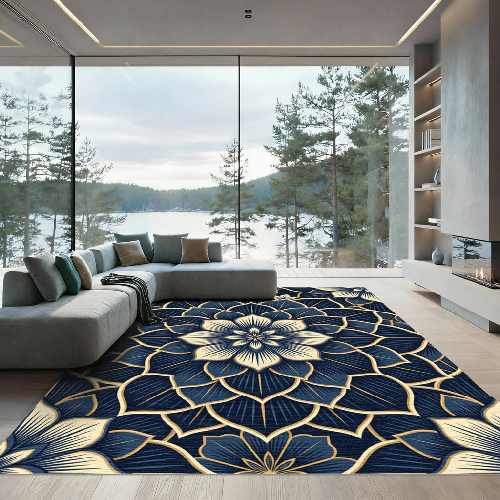Navy Blue Golden Lotus Medallion Rug