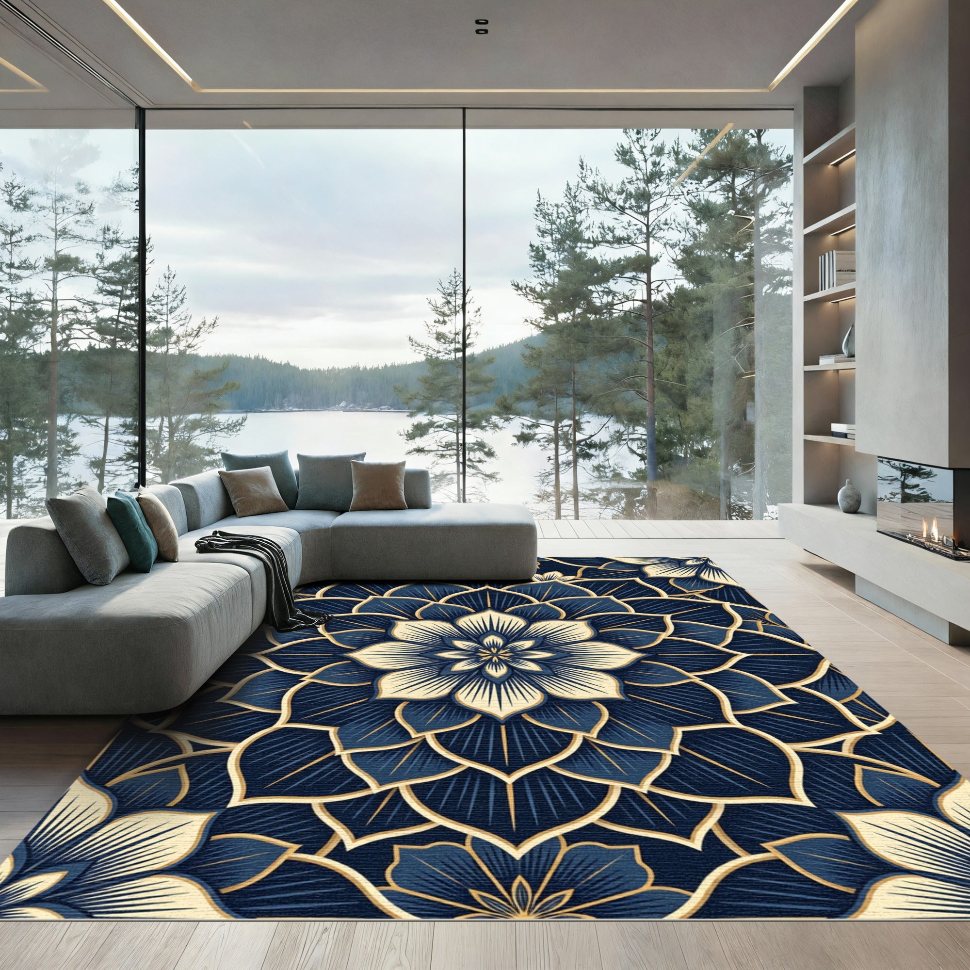 Navy Blue Golden Lotus Medallion Rug