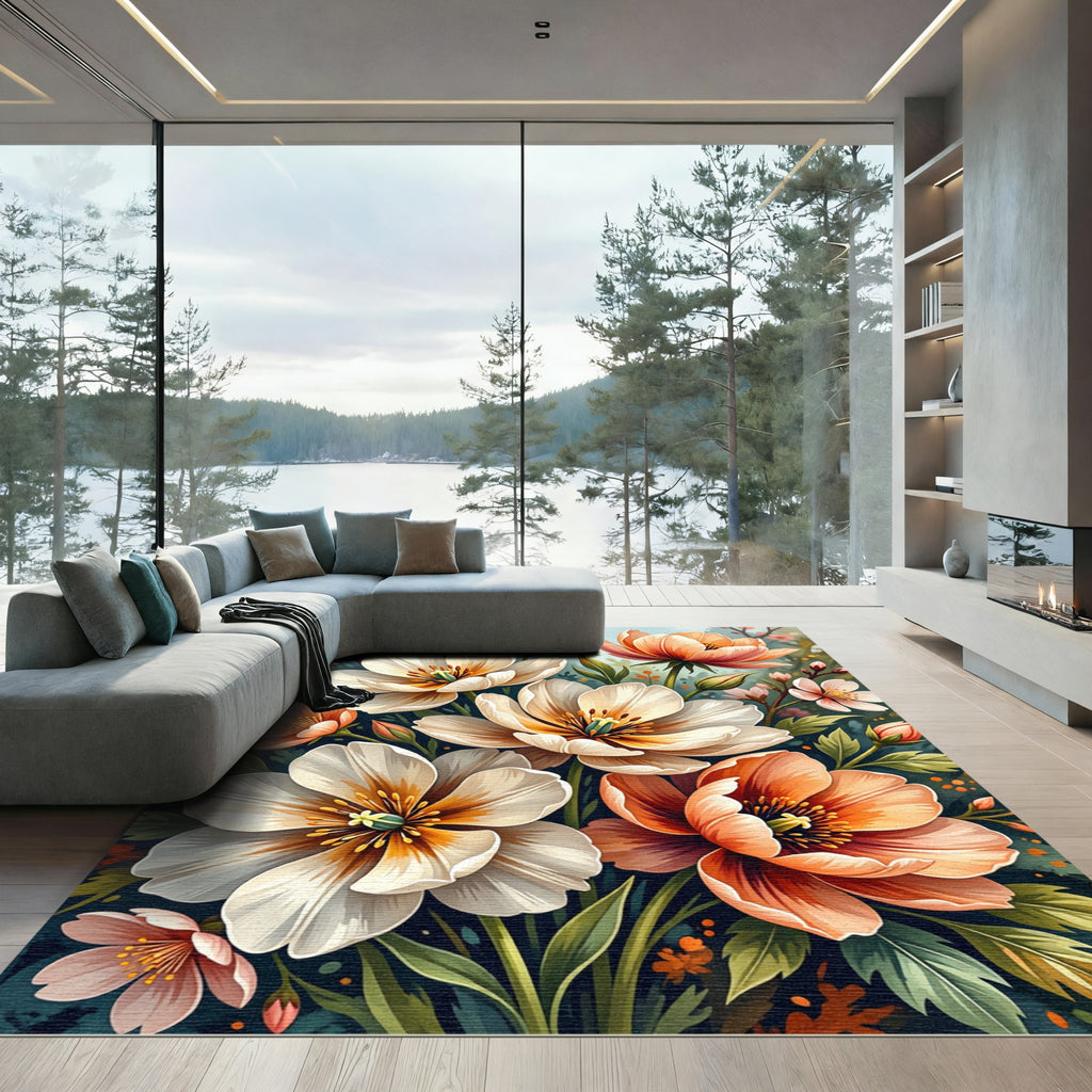 Vibrant Peach White Garden Floral Bloom Rug