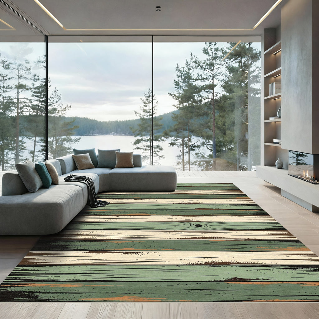Rustic Sage and Cream Striped Wood Rug