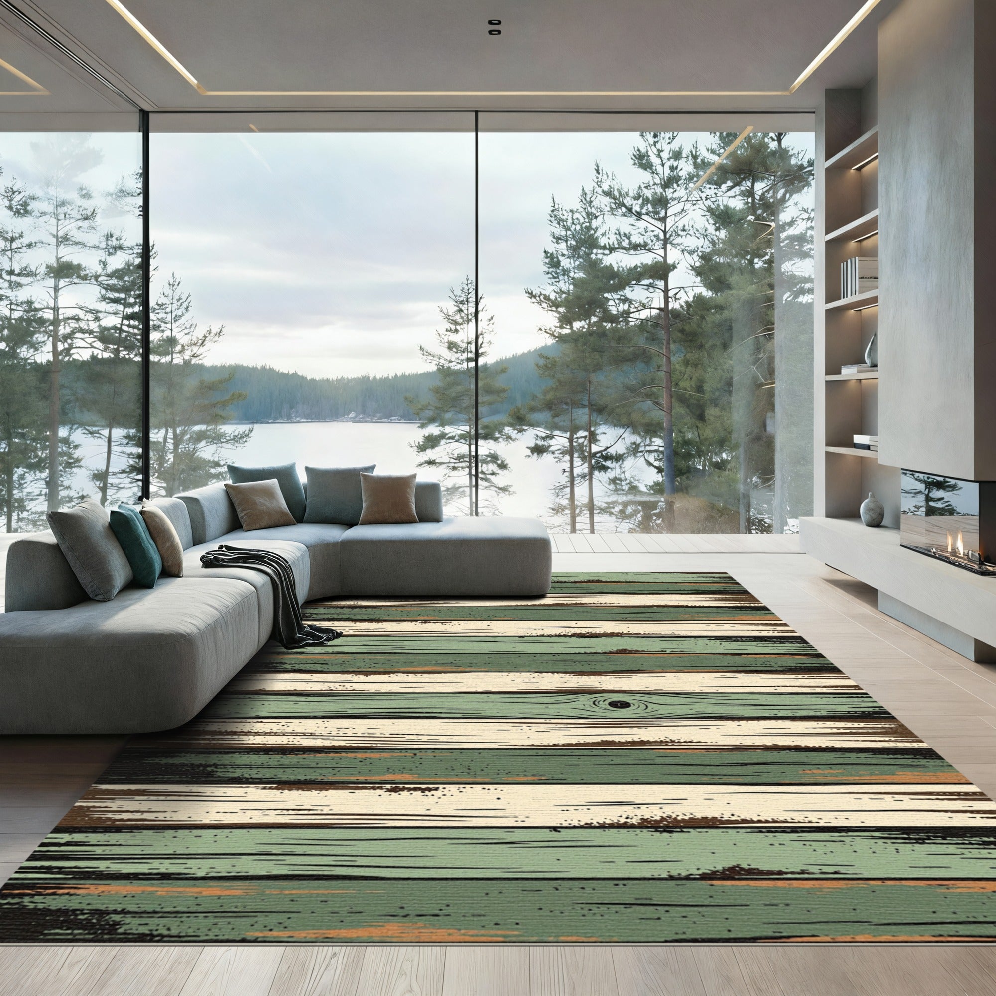 Rustic Sage and Cream Striped Wood Rug