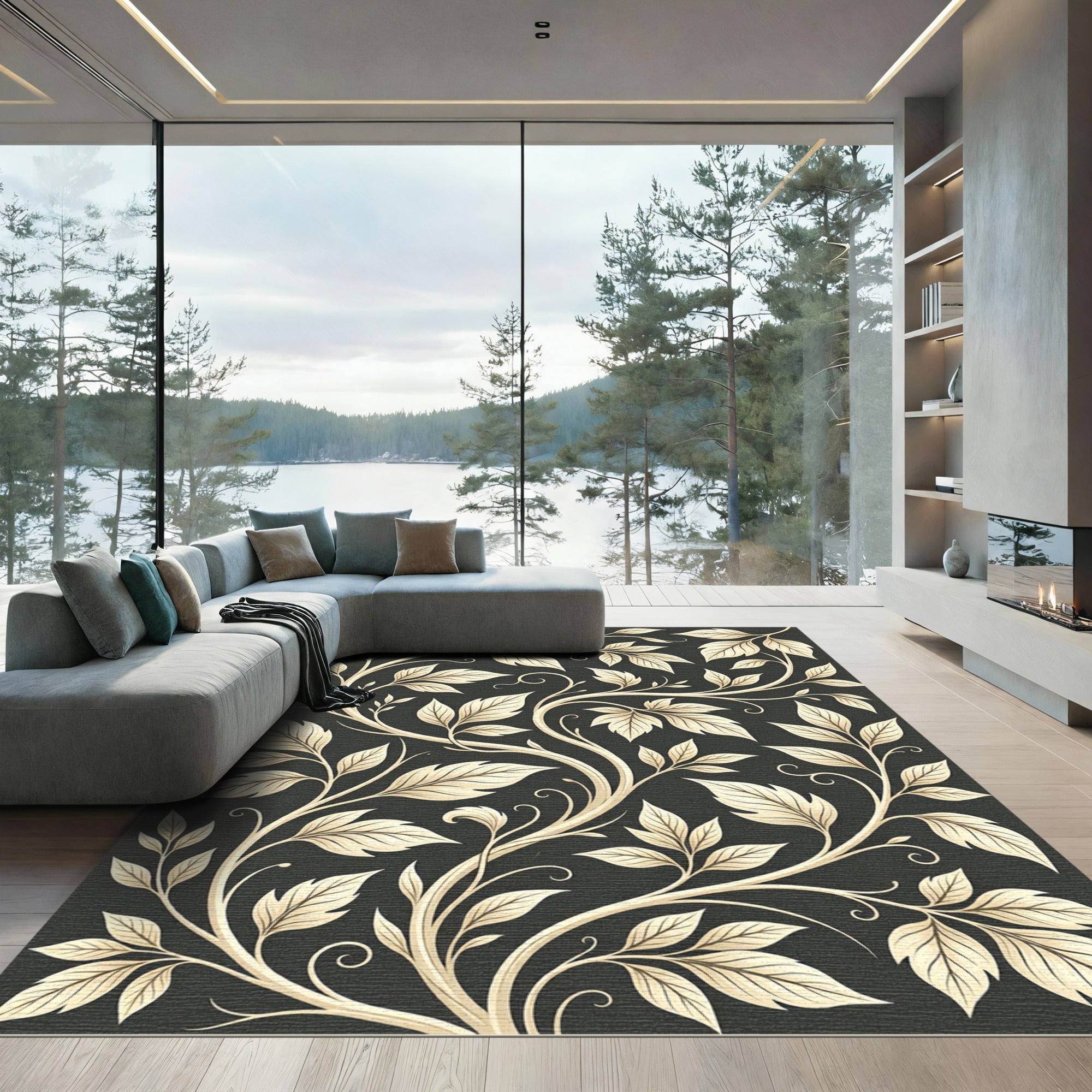 Earthy Tan Vine Scroll Floral Rug