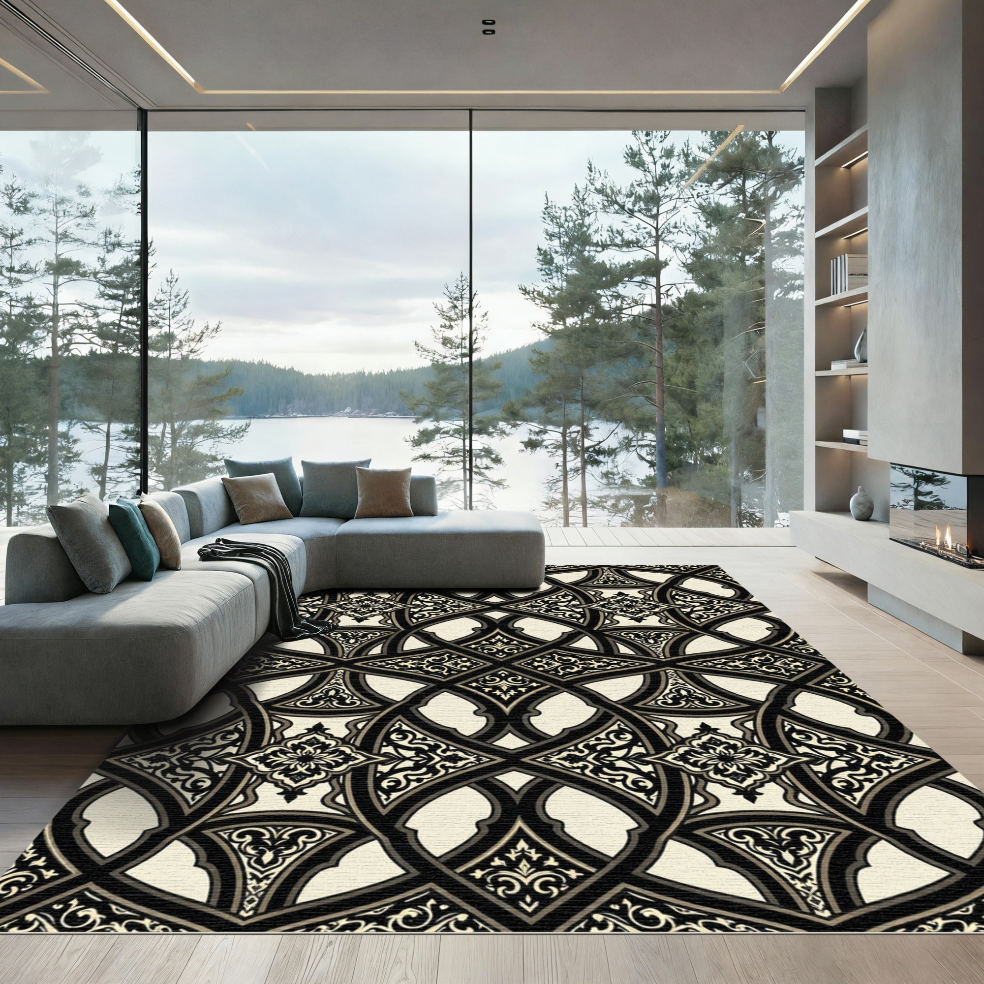Ornate Monochrome Damask Lattice Scroll Rug