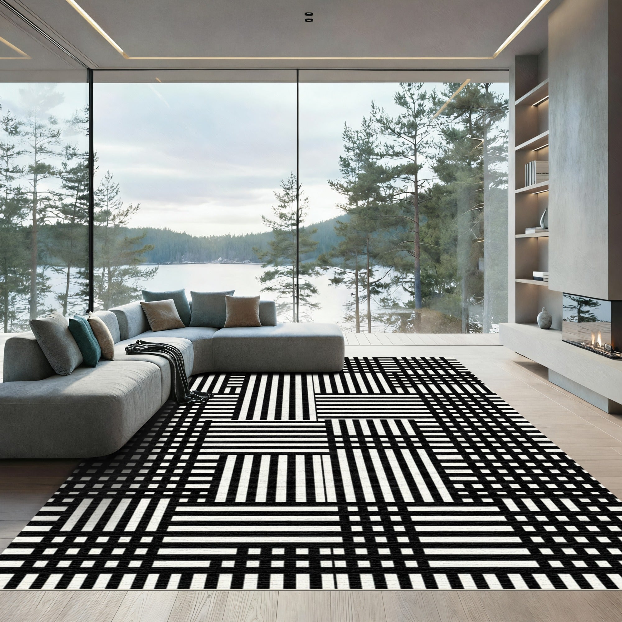 Modern Monochrome Grid Geometric Linear Area Rug