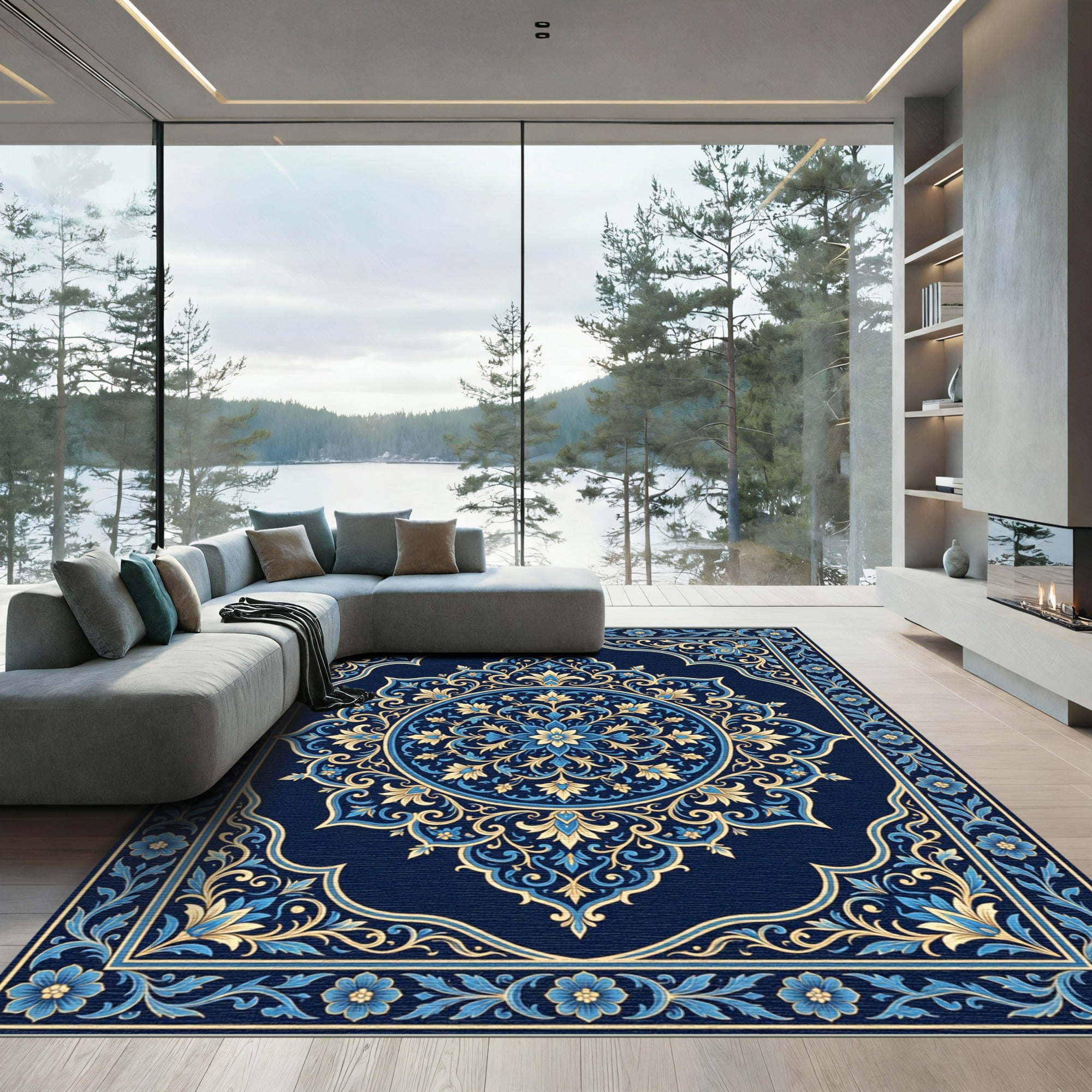 Antique Blue Golden Floral Archway Rug