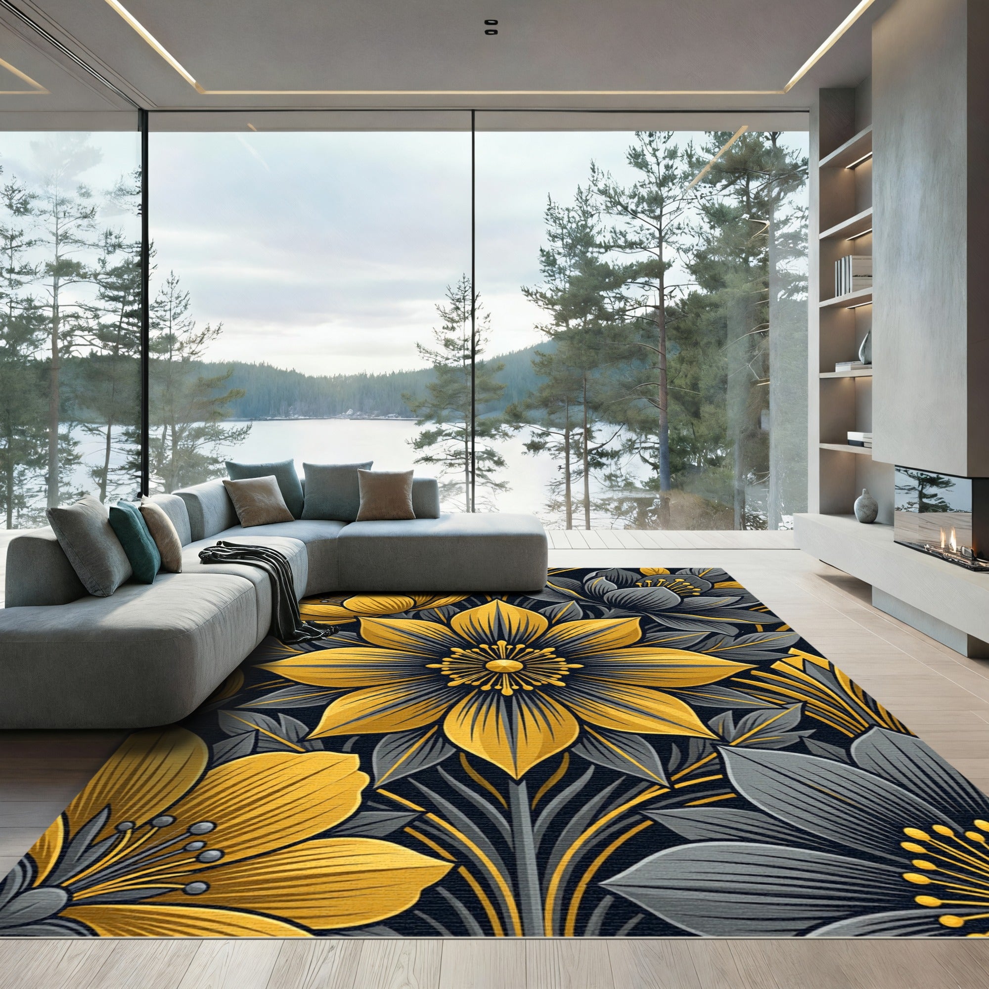 Elegant Gold and Charcoal Floral Arrangement Rug