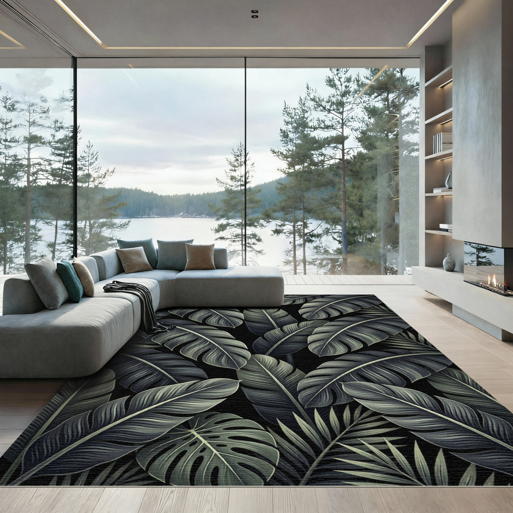 Dark Tropical Foliage Leaf Collection Rug