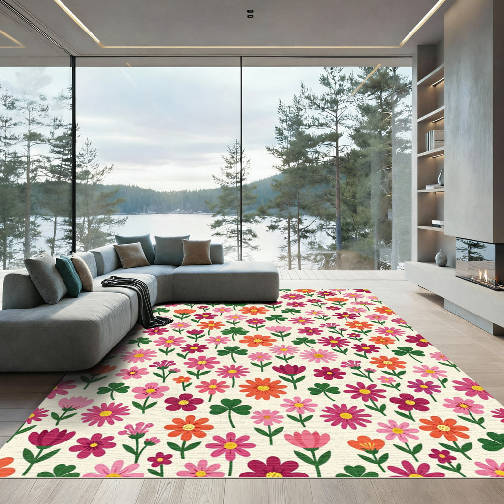 Bright Floral Meadow With Clover Accents Rug