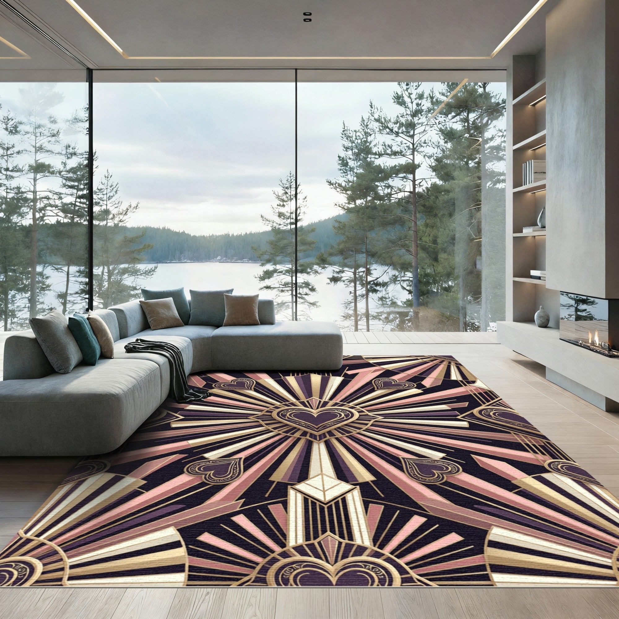 Art Deco Pink Gold Heart Burst Rug