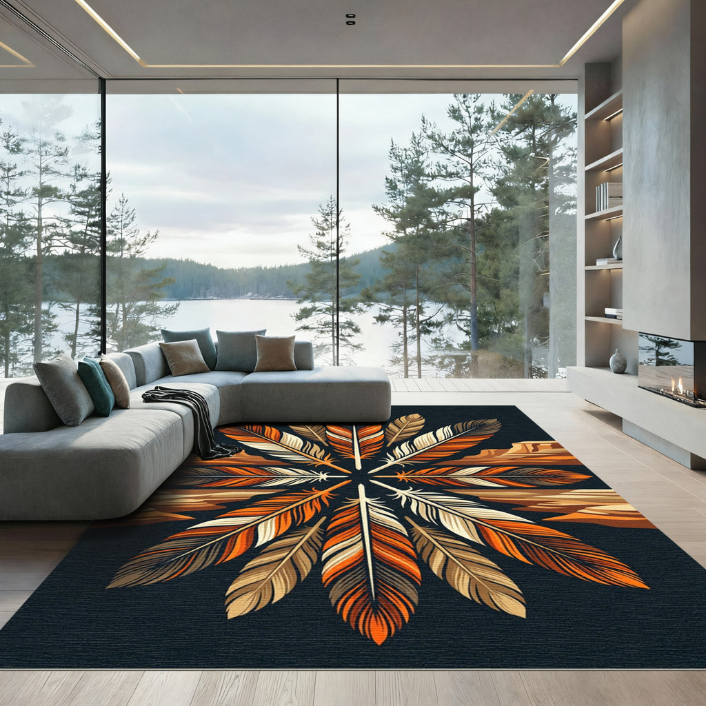 Earthy Feather Mandala Canyon Sunset Rug