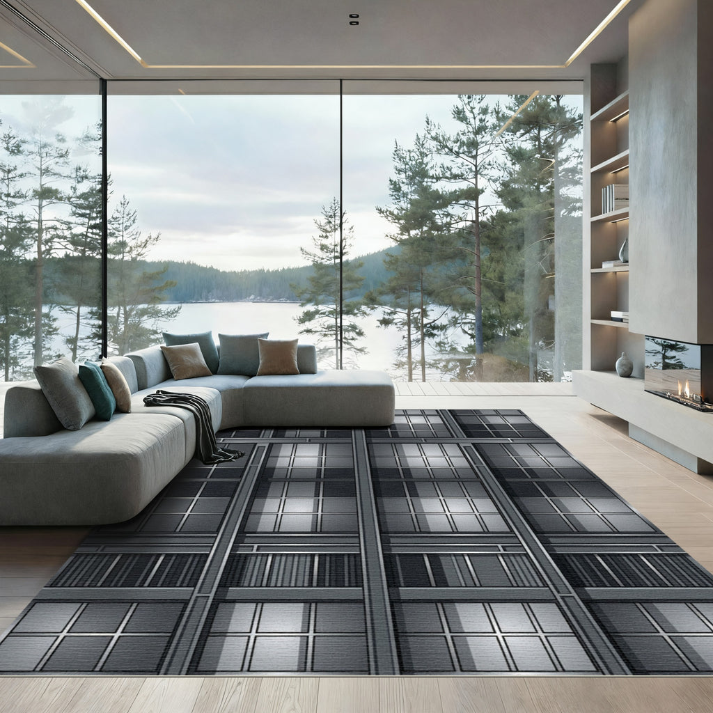 Modern Metallic Grid Window Panels Rug
