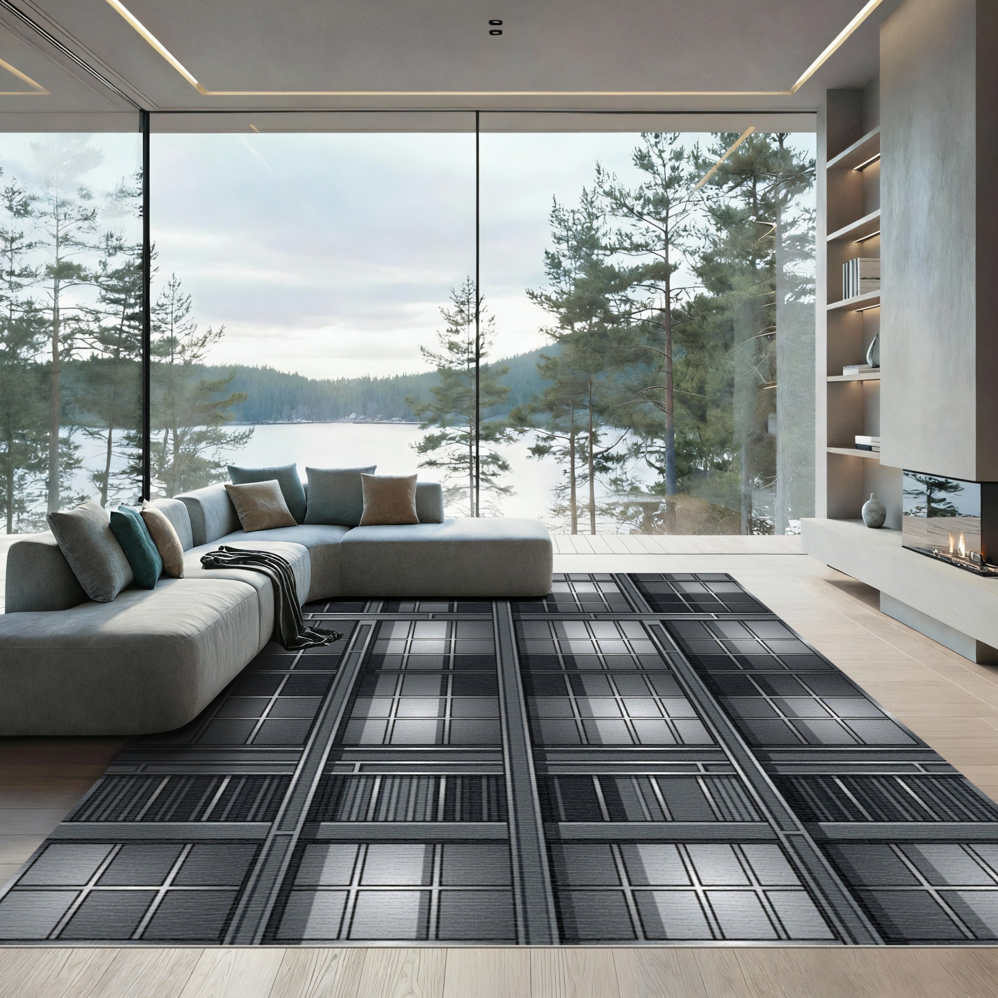 Modern Metallic Grid Window Panels Rug