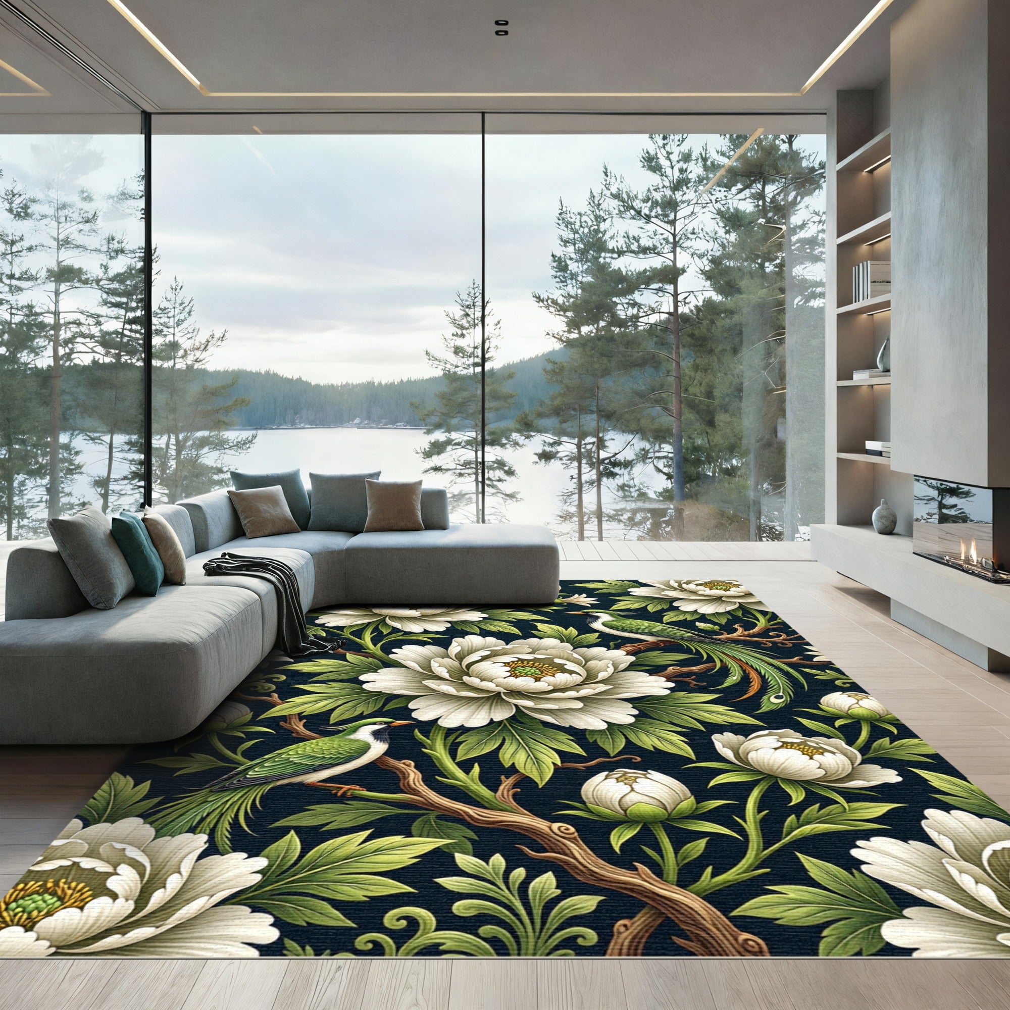 Elegant White Peony Green Bird Tapestry Rug