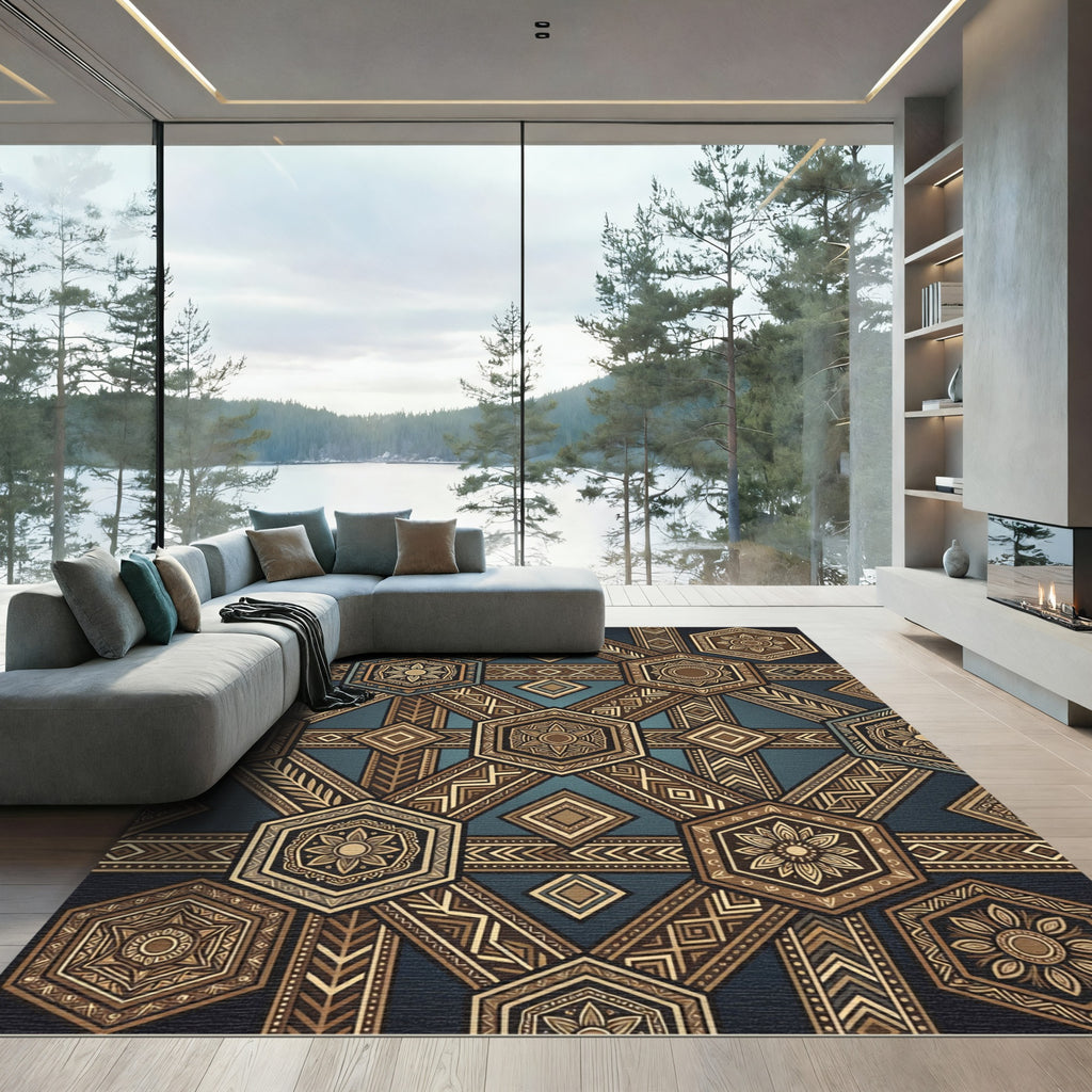 Geometric Hexagon Medallion Earthy Bronze Rug