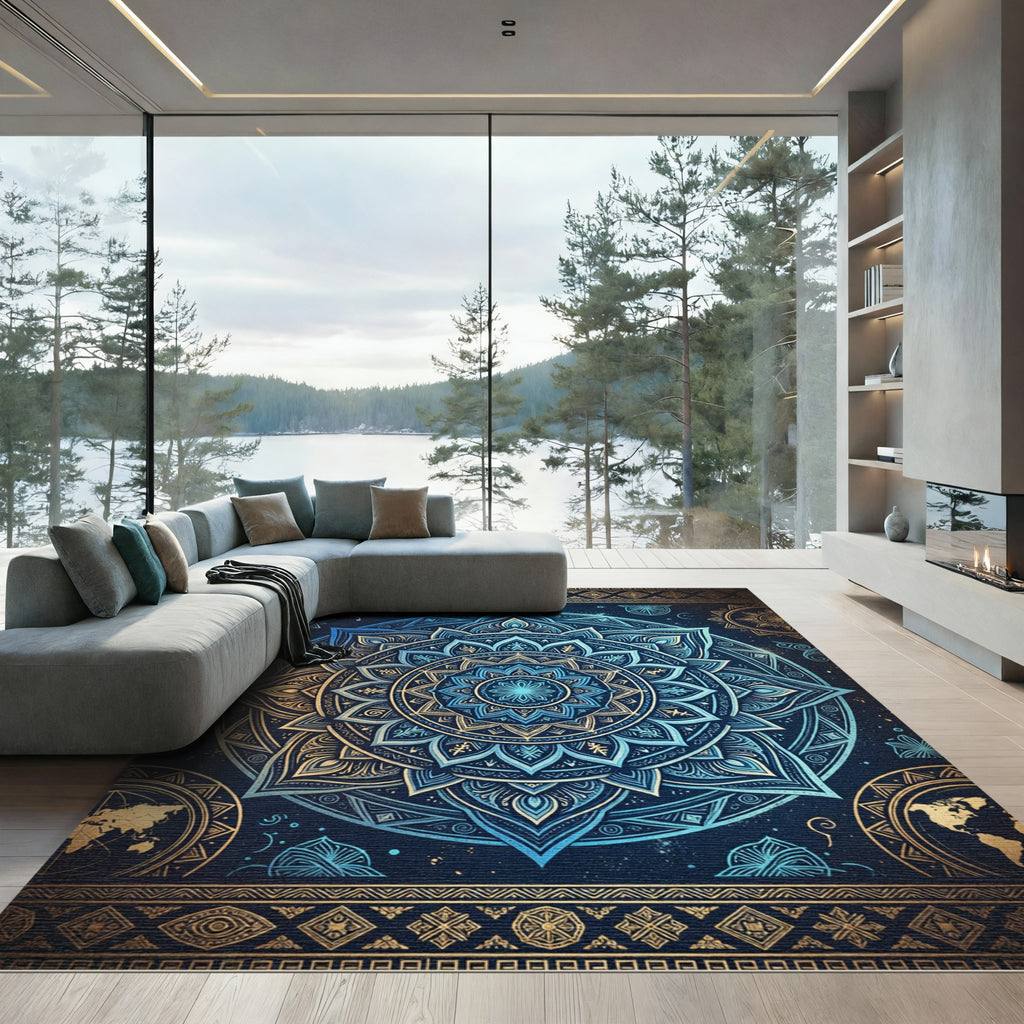 Celestial Blue Golden Mandala Medallion Rug