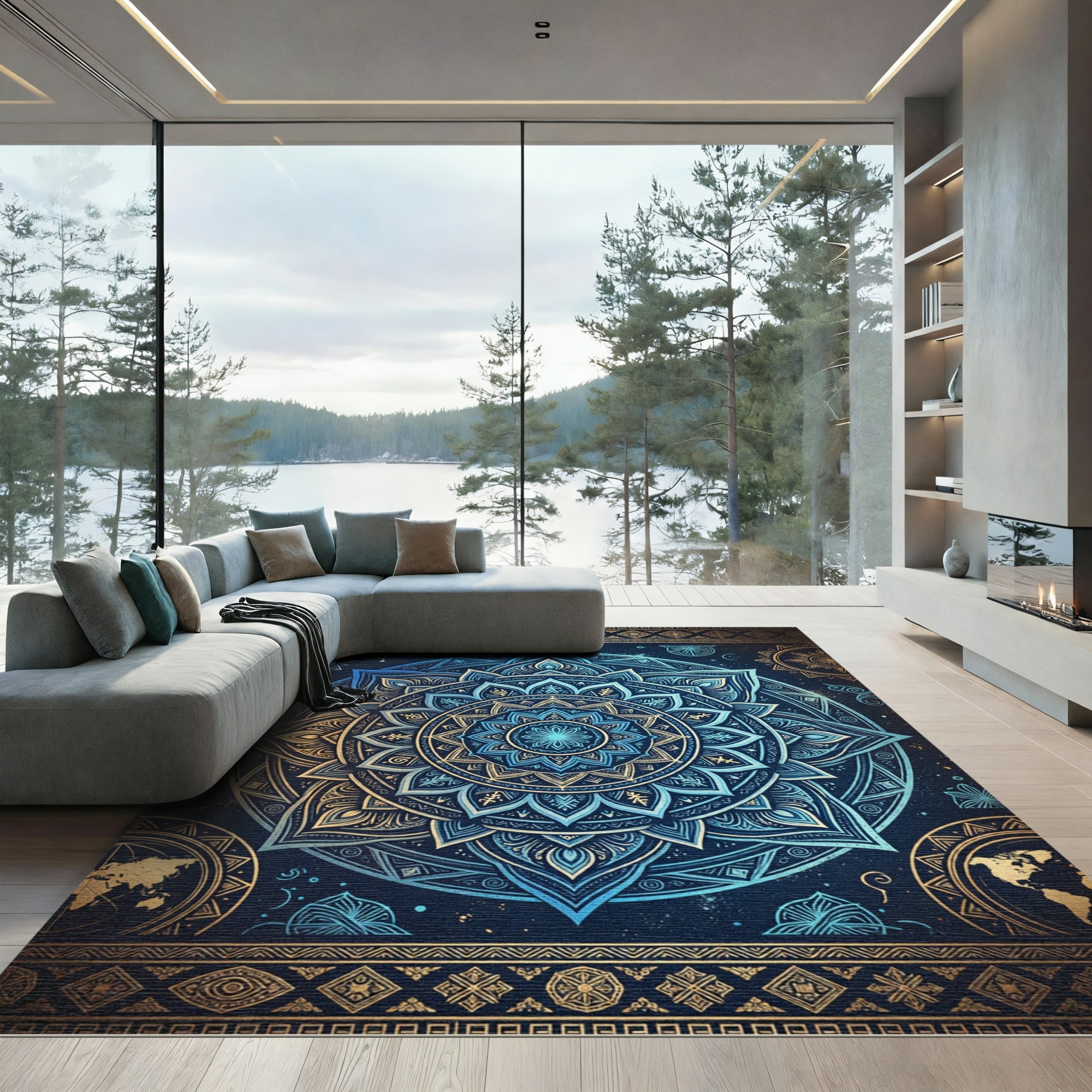 Celestial Blue Golden Mandala Medallion Rug