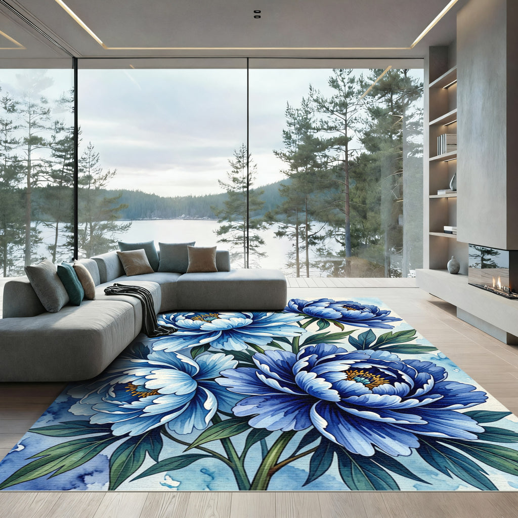 Elegant Blue Peony Floral Watercolor Composition Rug