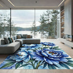 Elegant Blue Peony Floral Watercolor Composition Rug