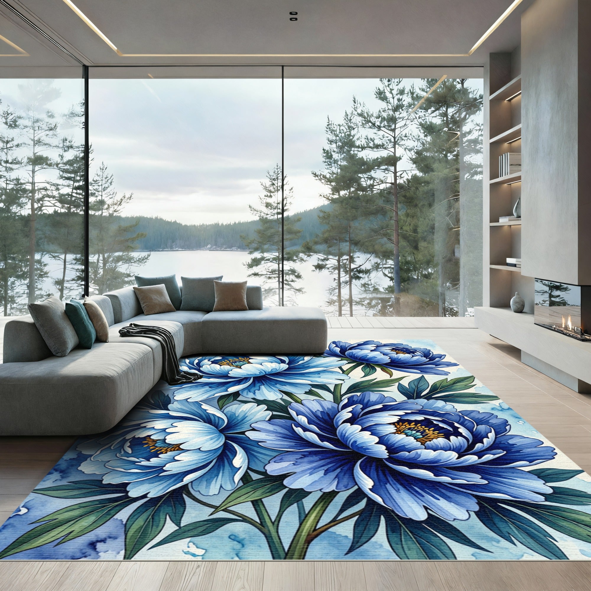 Elegant Blue Peony Floral Watercolor Composition Rug