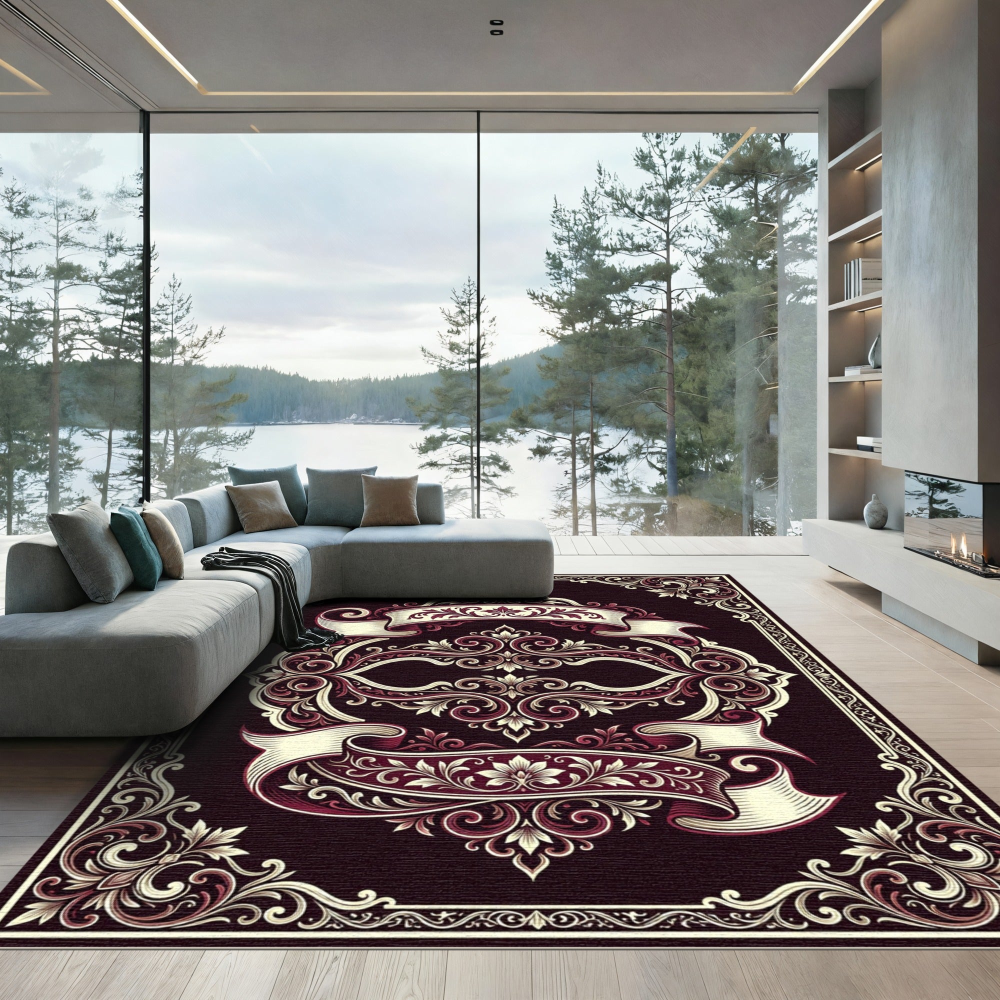 Ornate Crimson Floral Scroll Rug