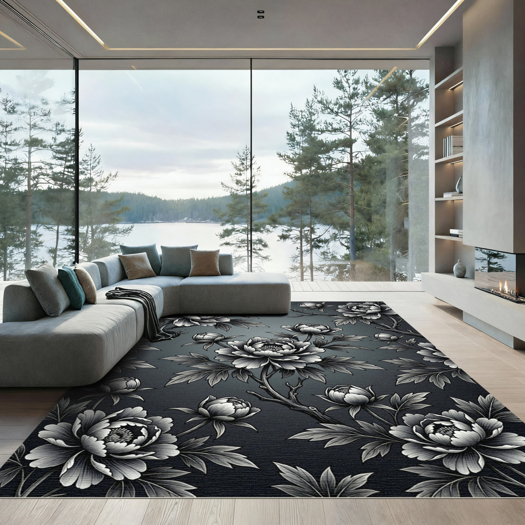 Monochromatic Peony Branches Floral Rug