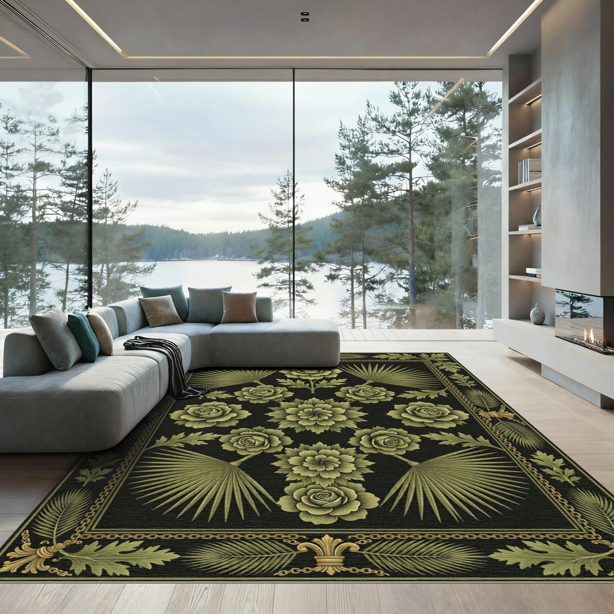 Olive Green Floral Fan Border Rug