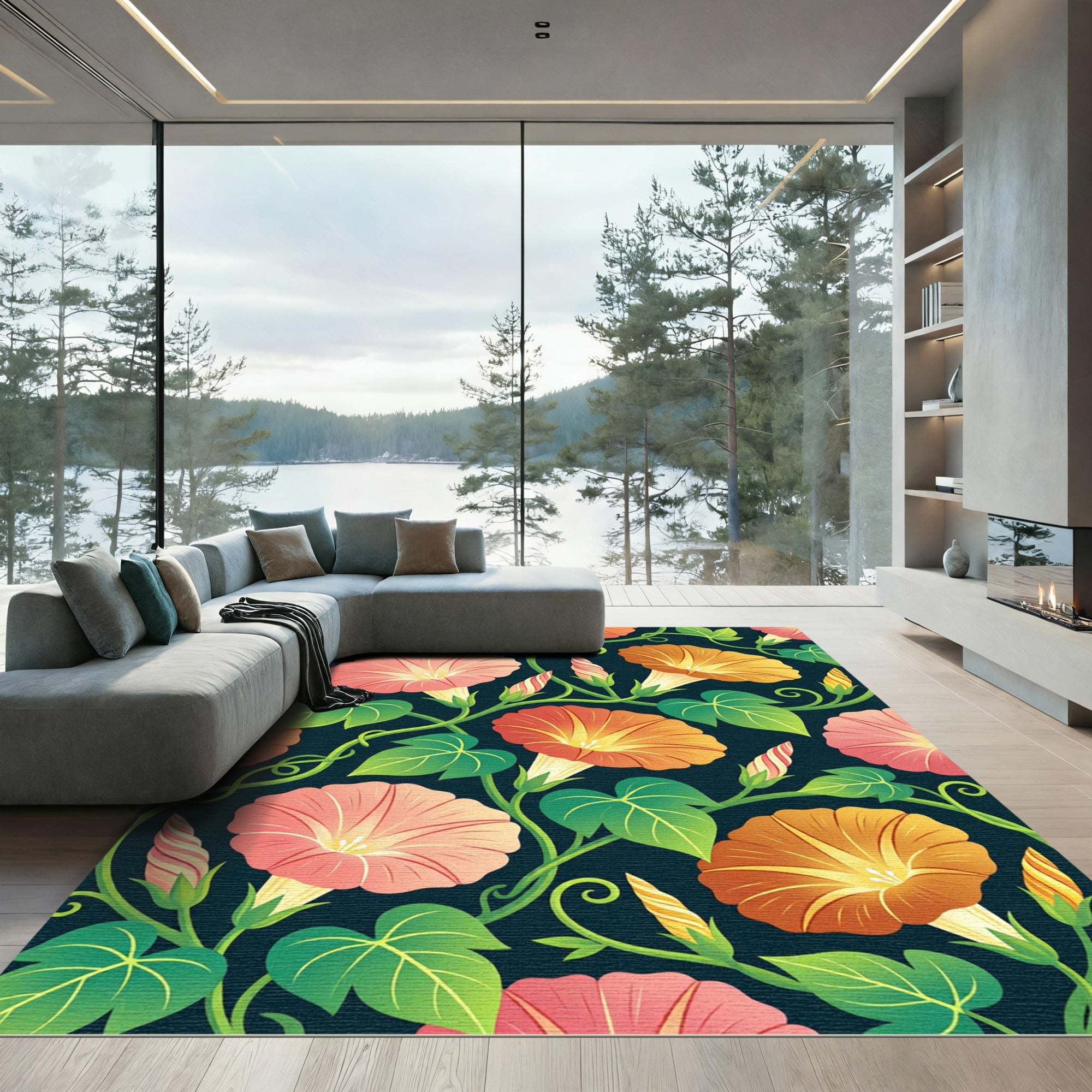 Coral Pink And Orange Morning Glory Vines Rug
