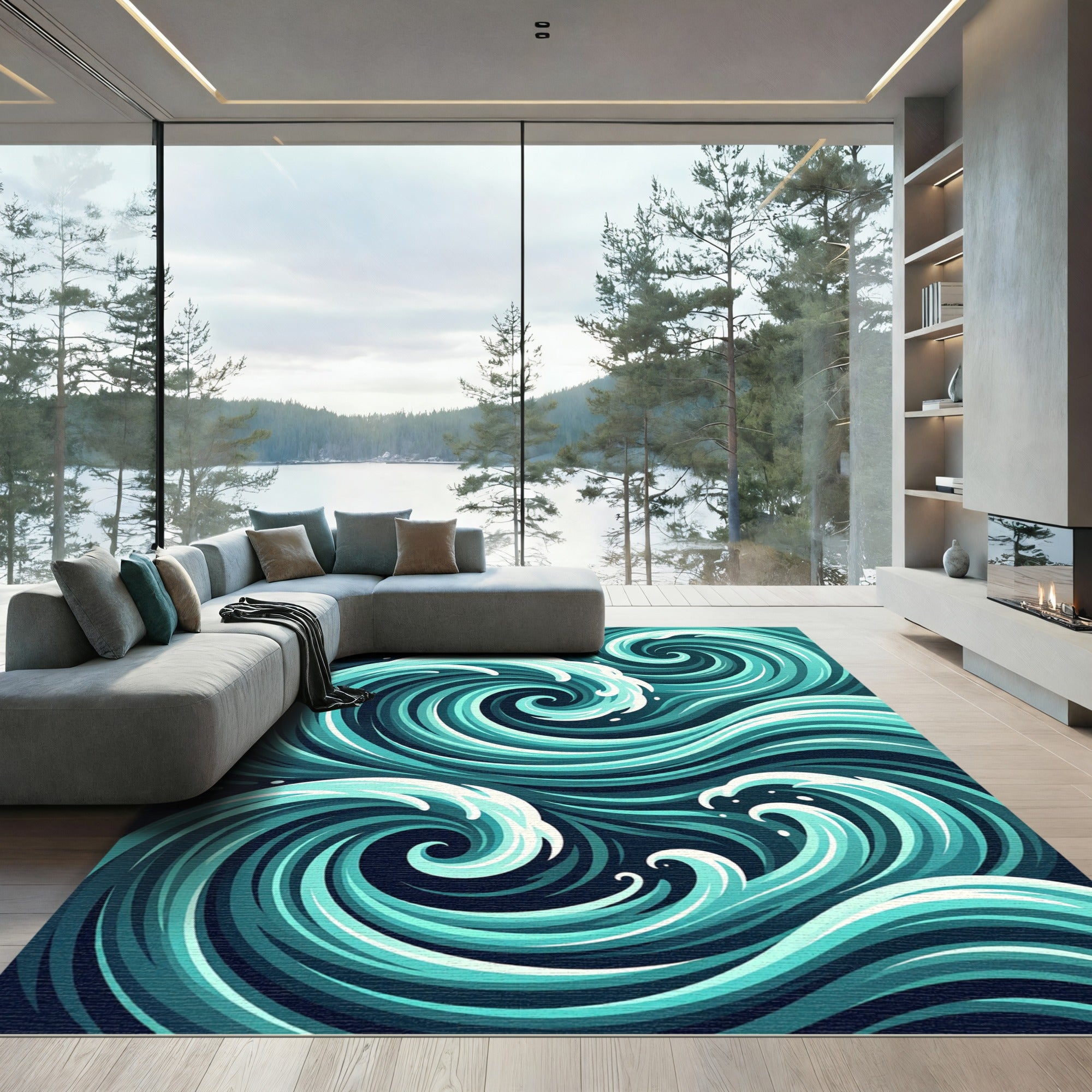 Contemporary Teal Swirling Oceanic Wave Rug