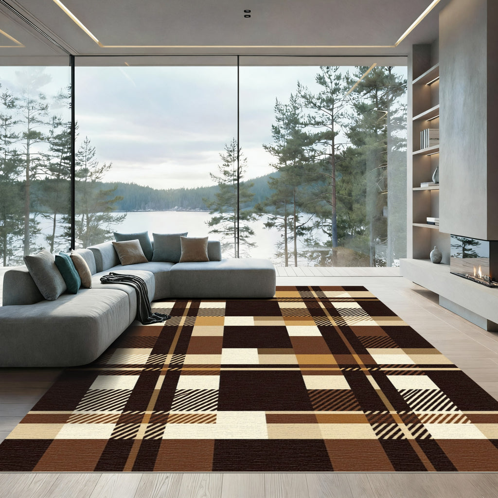 Warm Brown Plaid Crossing Lines Rug