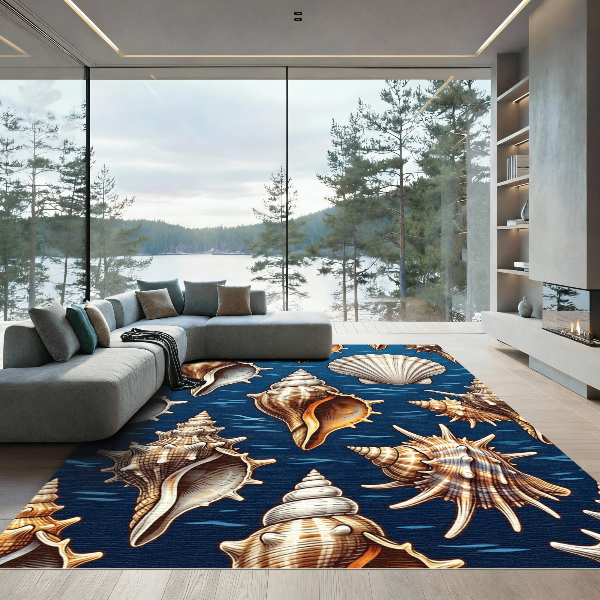 Deep Blue Seashell Nautical Illustration Rug