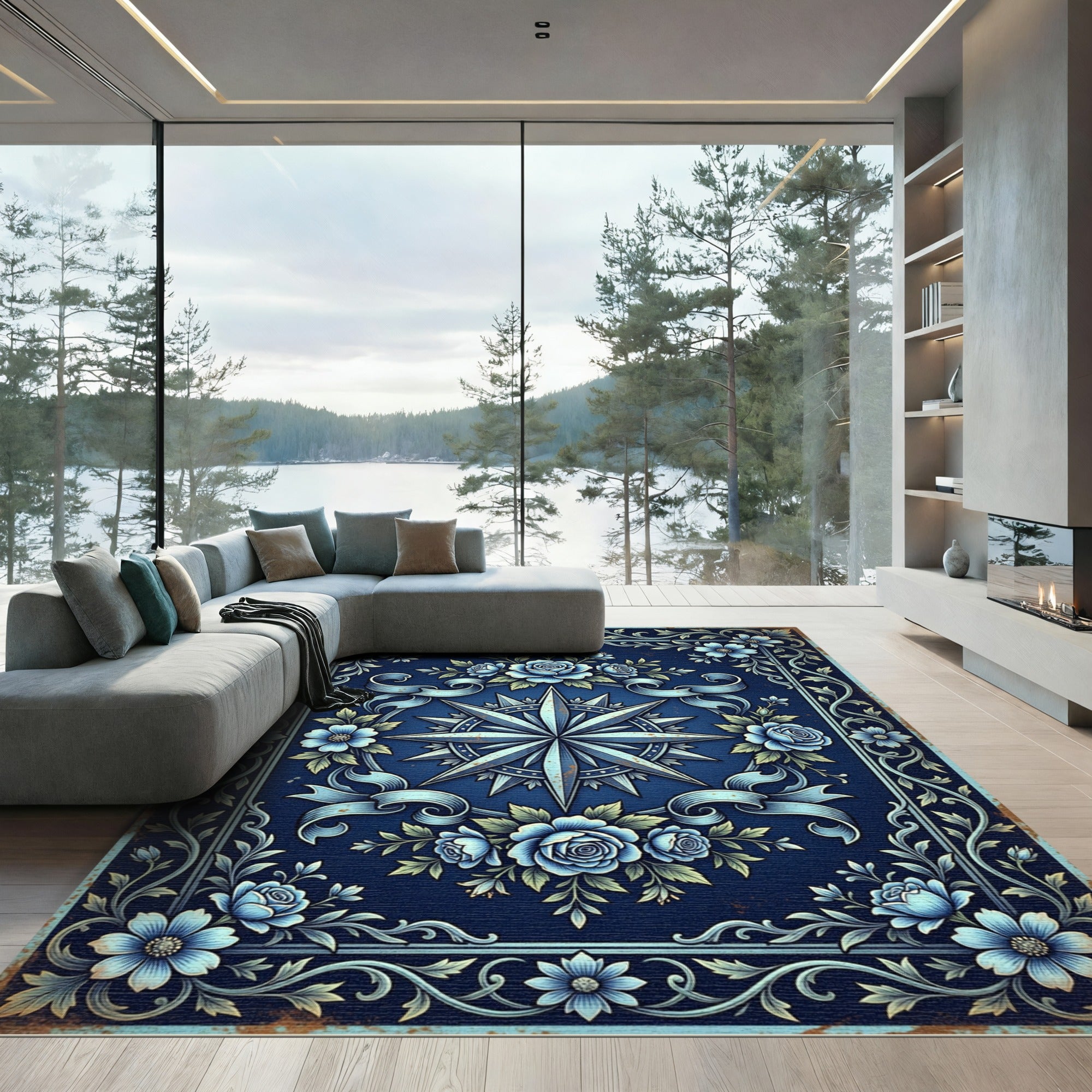 Ornate Midnight Blue Floral Compass Rug