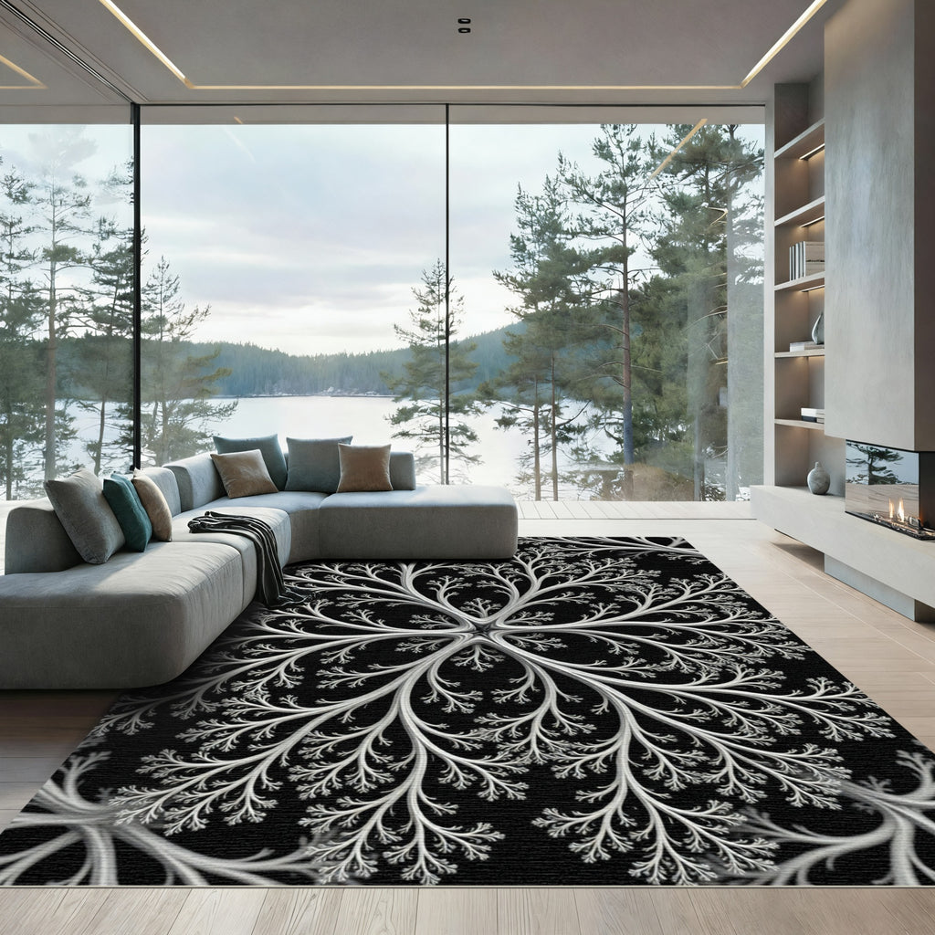 Monochrome Fractal Snowflake Floral Rug