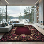 Ornate Red and Gold Crest Flourish Rug