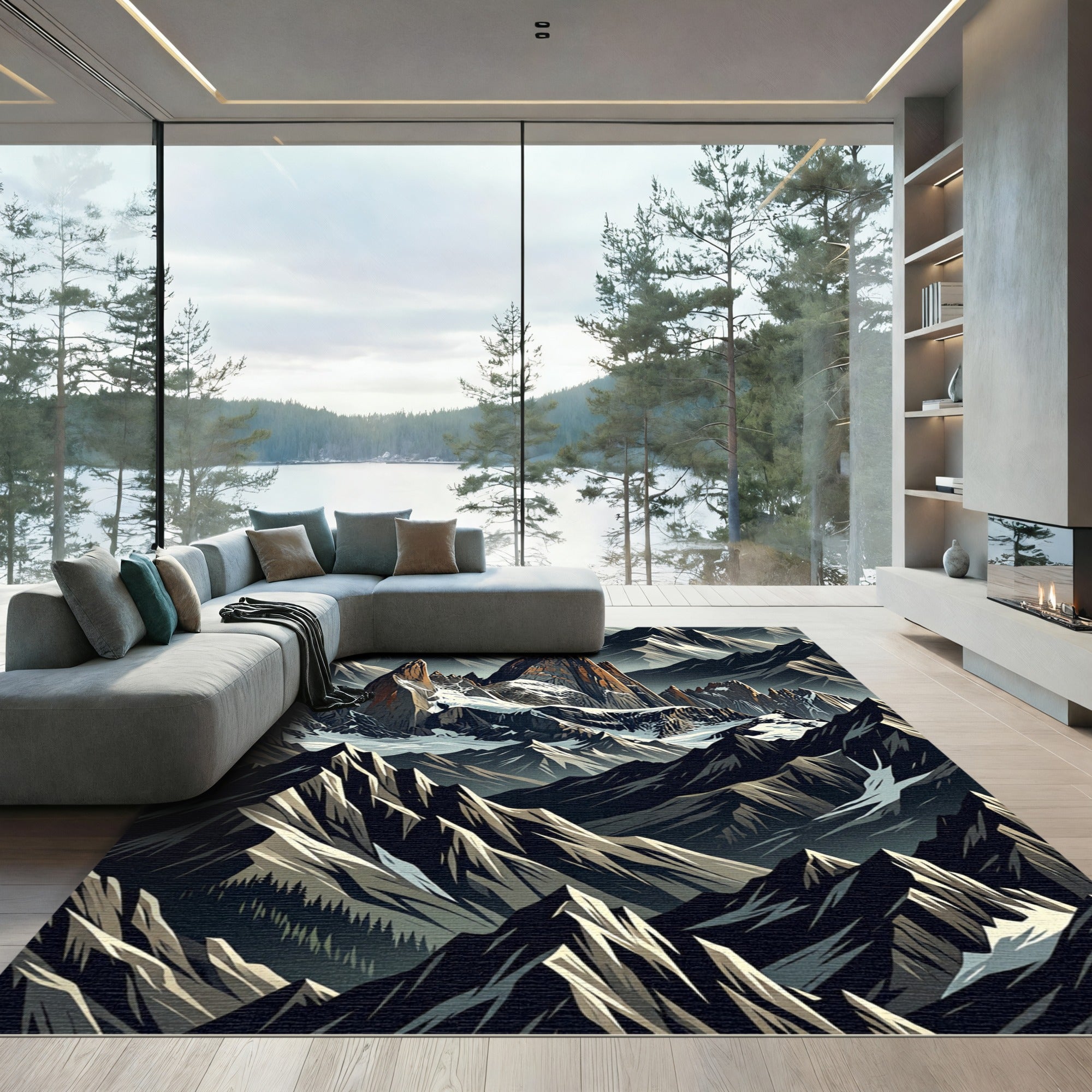 Dramatic Gray Mountain Peaks Rug