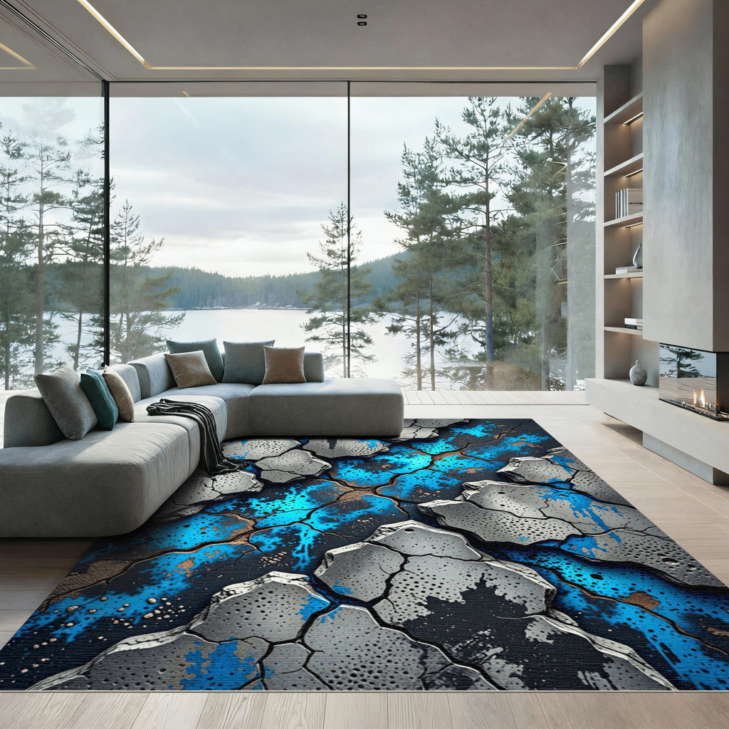 Cracked Concrete Blue Splatter Rug