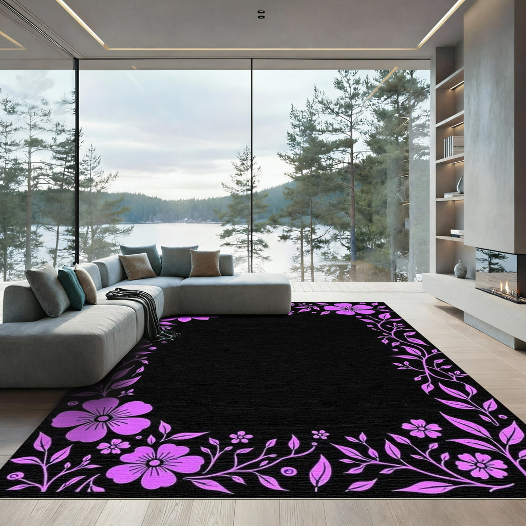 Vibrant Orchid Floral Vine Border Rug