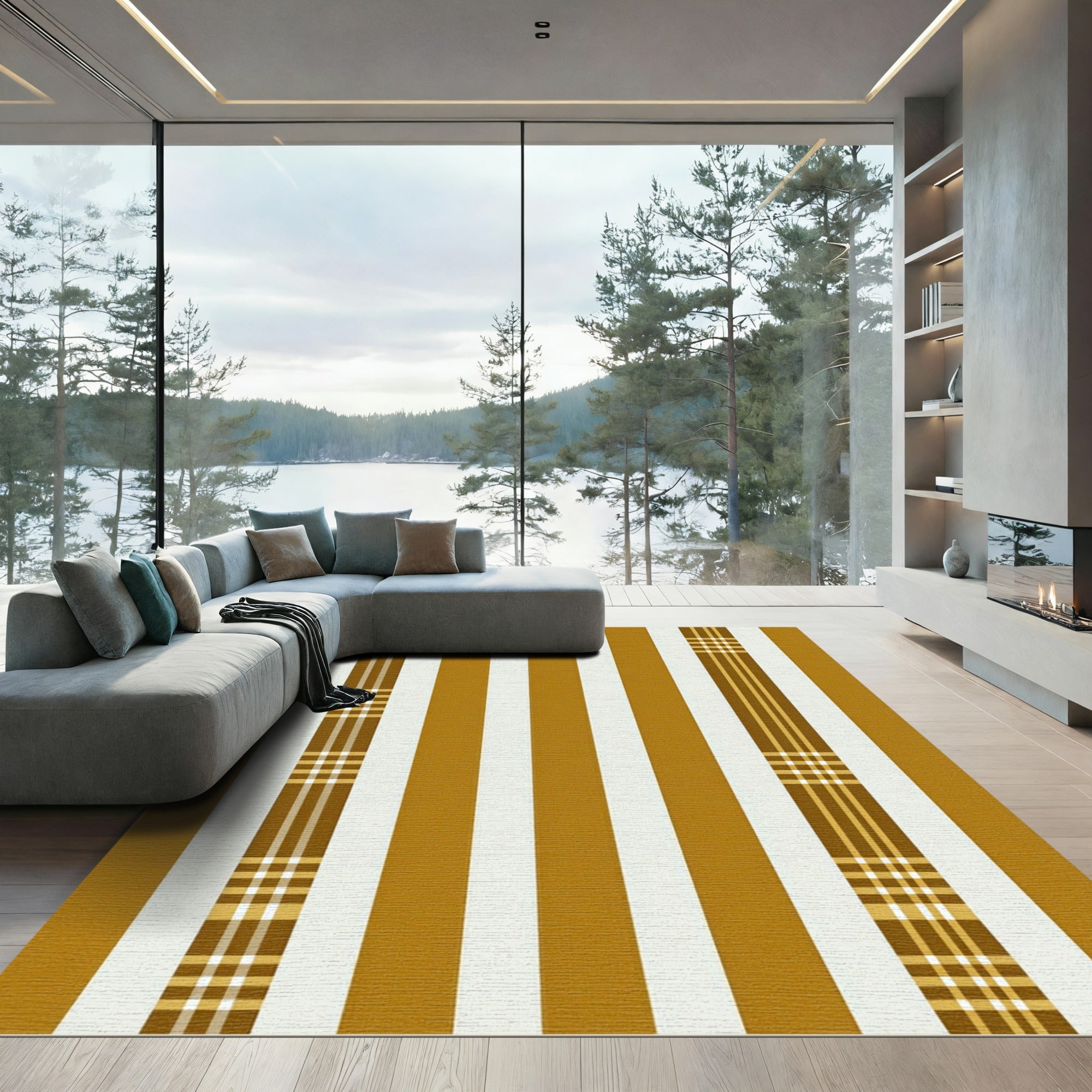 Golden Ochre Striped Tweed Textile Rug