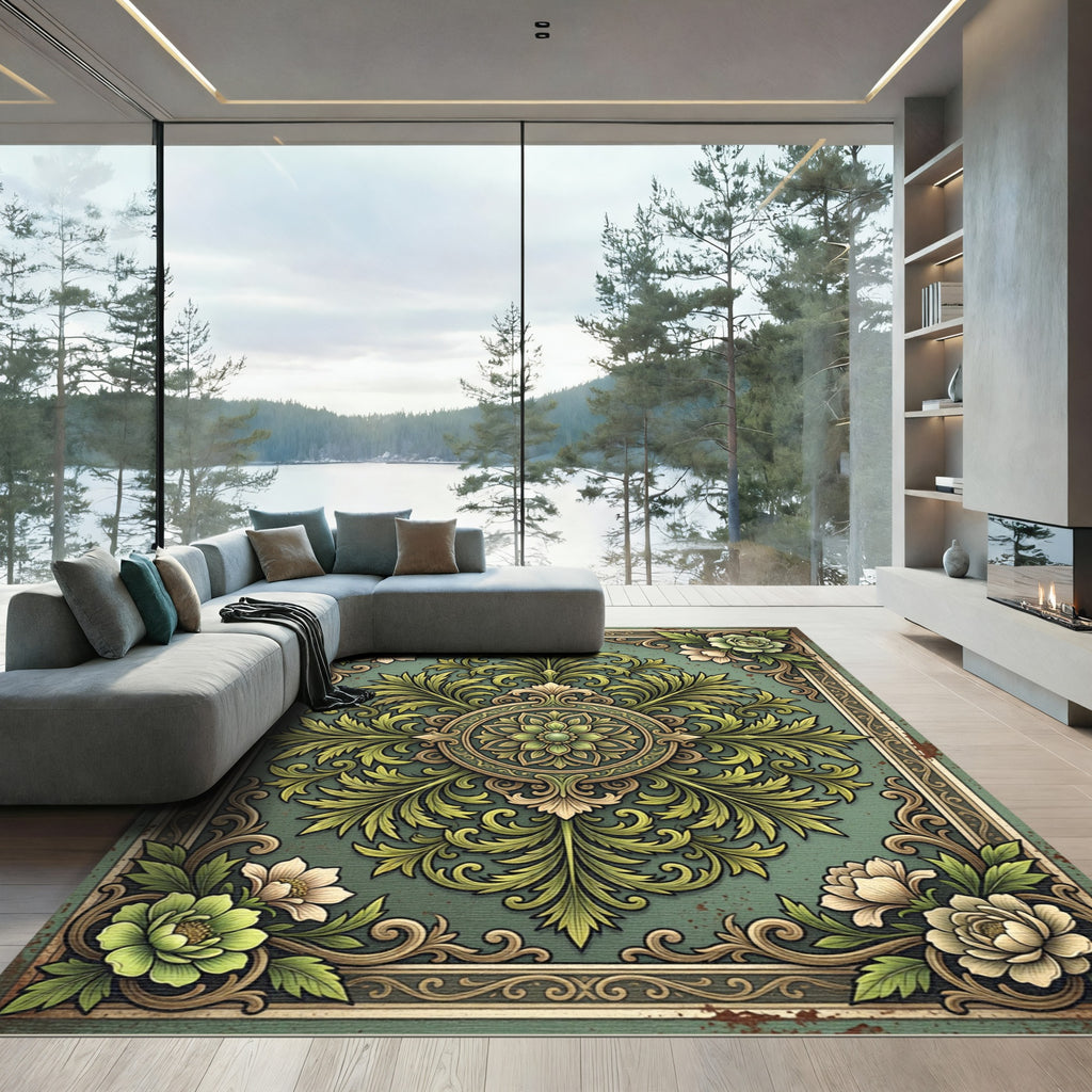 Sage Green Ornamental Foliage Medallion Rug