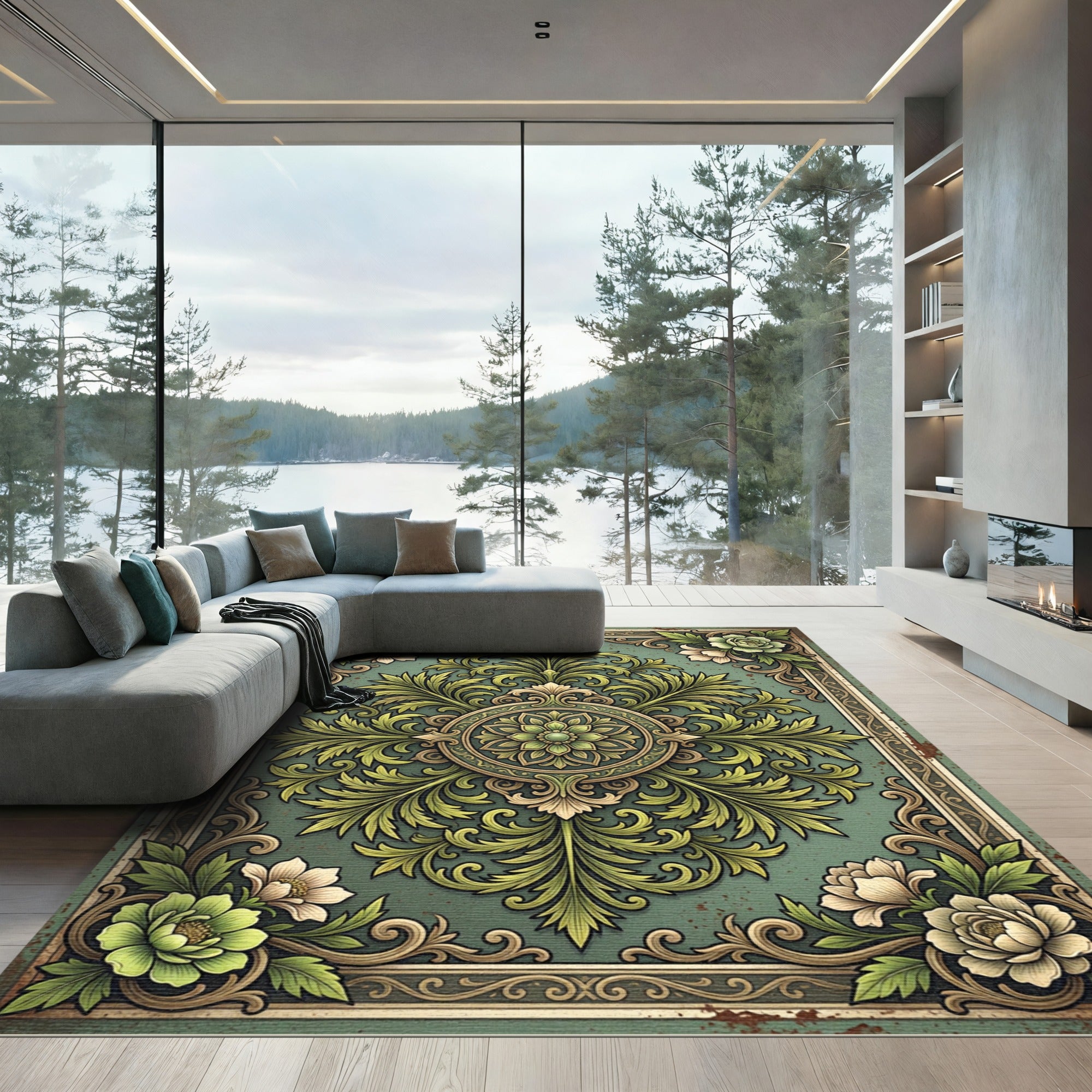 Sage Green Ornamental Foliage Medallion Rug