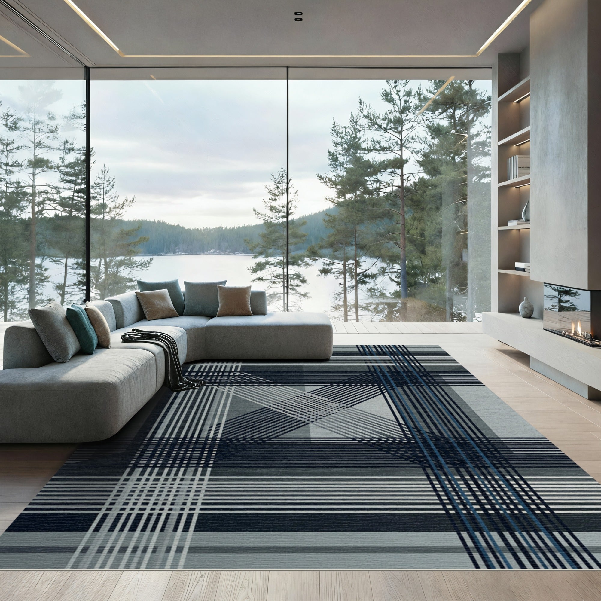 Modern Monochrome Geometric Grid Cross Rug