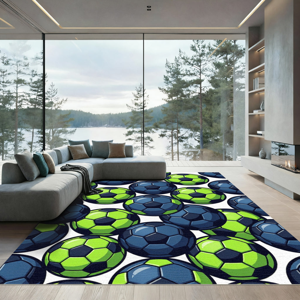 Vibrant Neon Soccer Ball Hexagon Grid Rug
