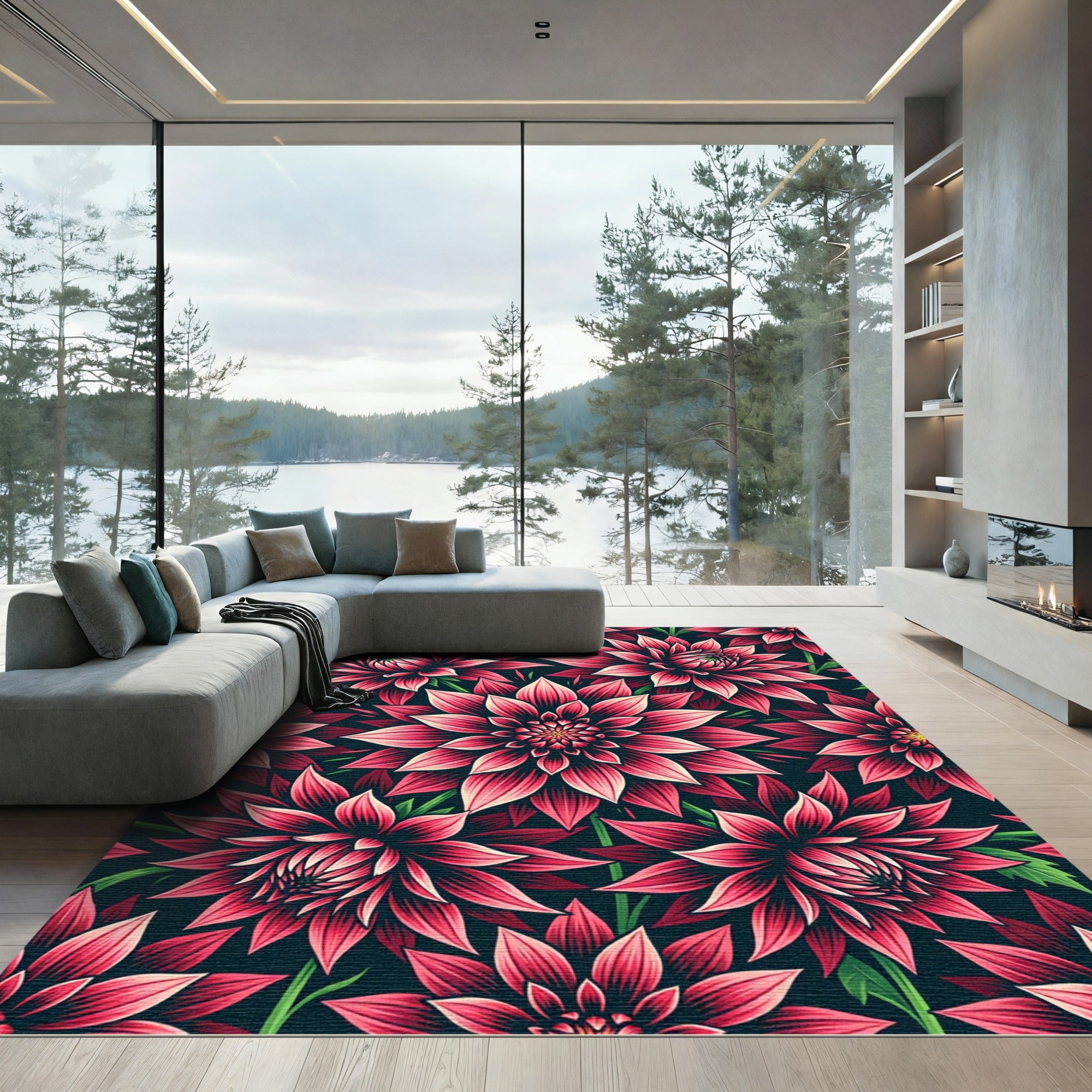 Vibrant Hot Pink Dhalia Floral Garden Rug