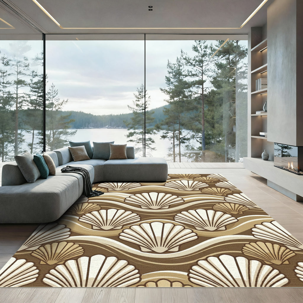Beige Scallop Shell Wavy Coastal Accent Rug