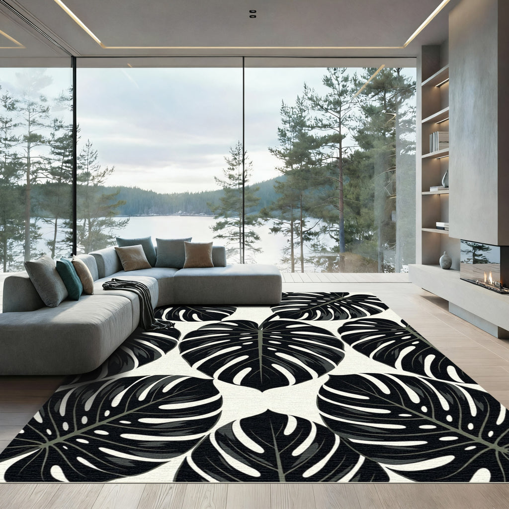 Monstera Leaf Black White Pattern Rug