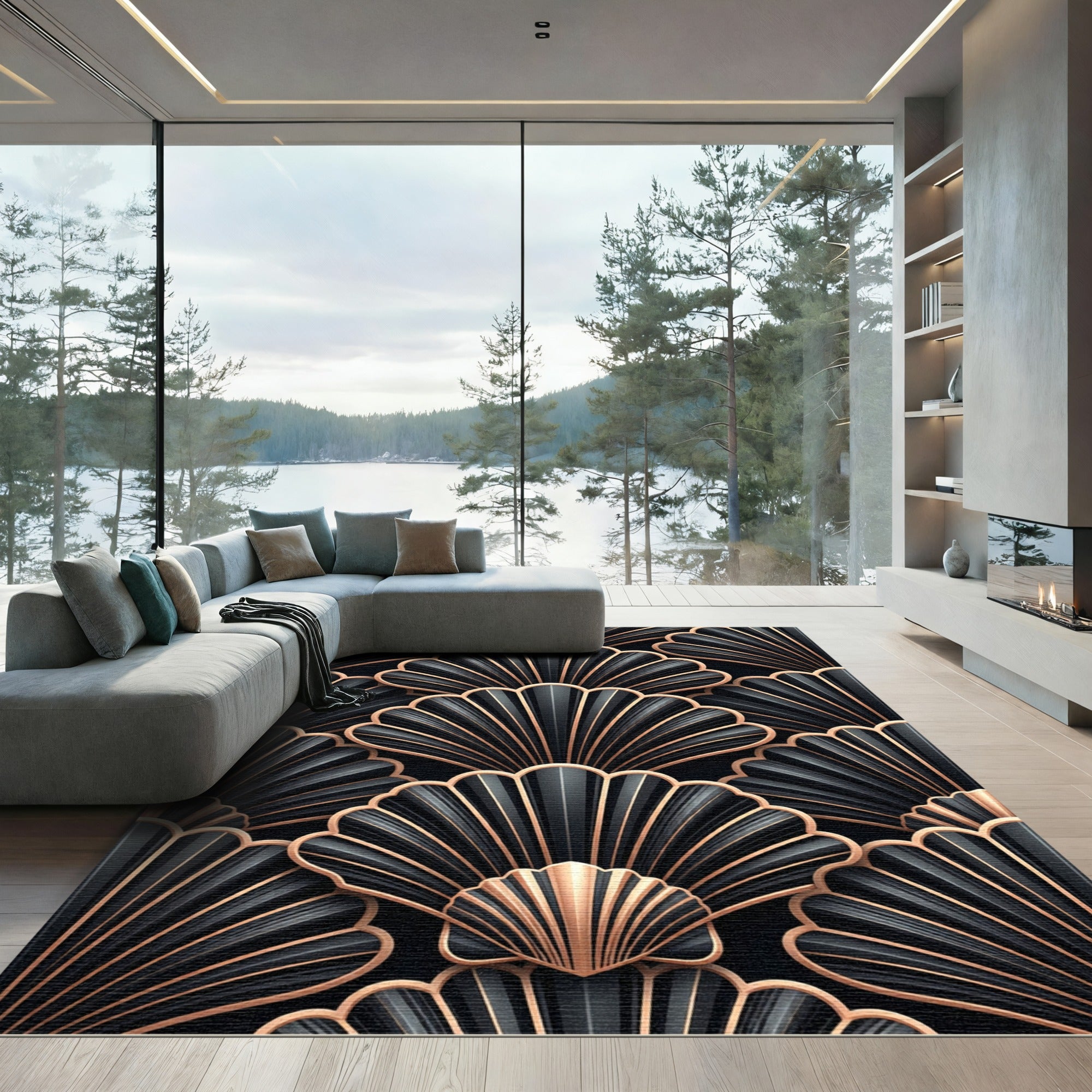 Art Deco Black Gold Fan Rug